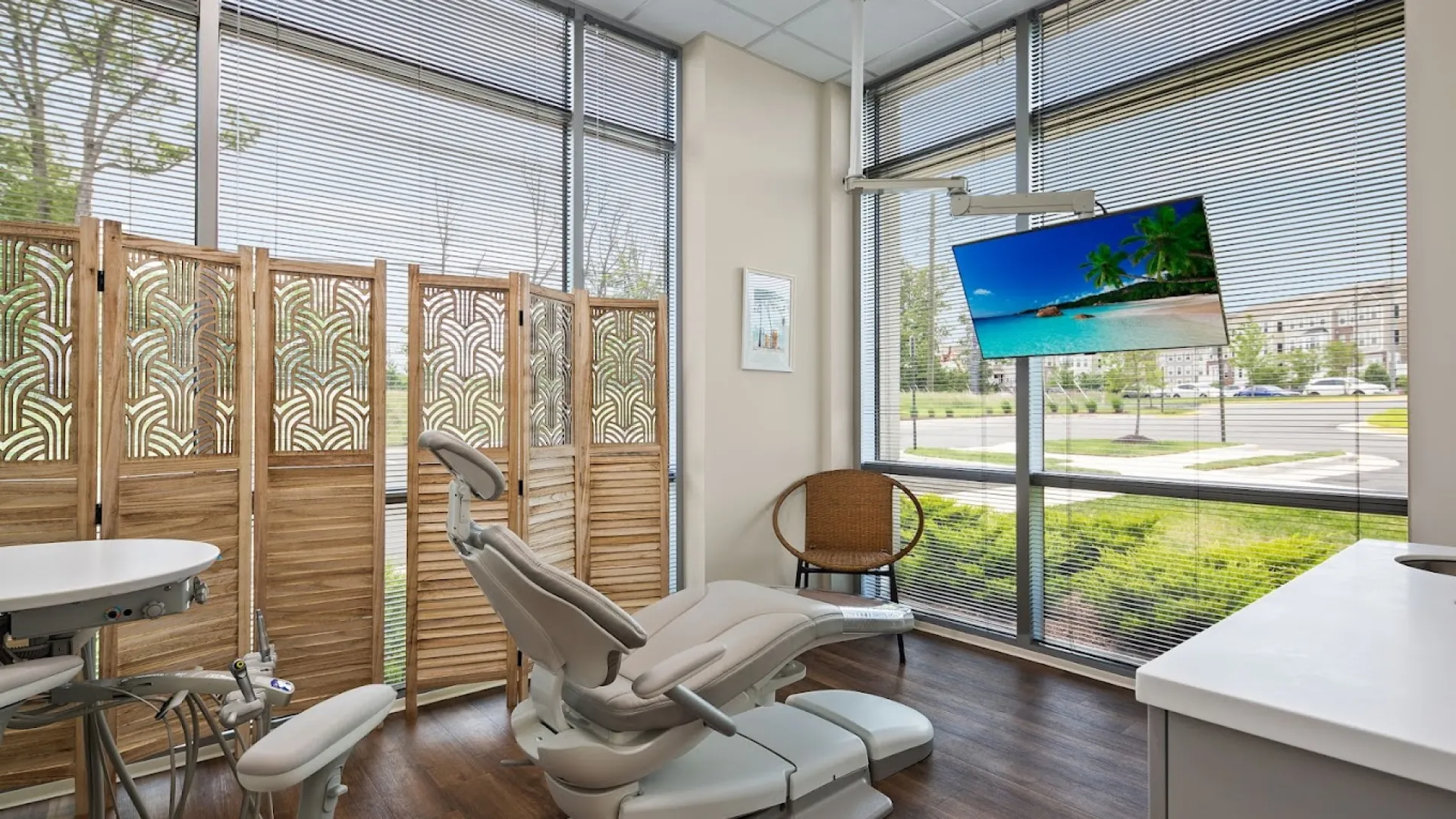 Bright dental office interior with modern equipment and scenic view through large windows.