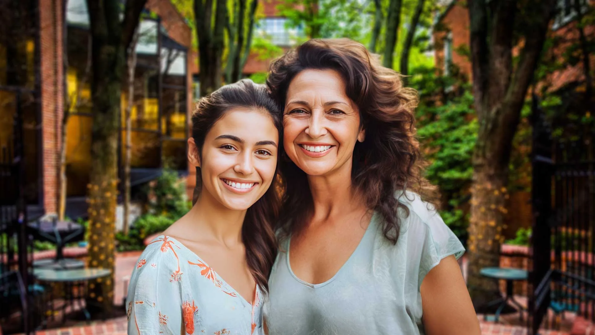 Smiling woman and young girl standing together in a lush garden setting, surrounded by trees and brick pathways.