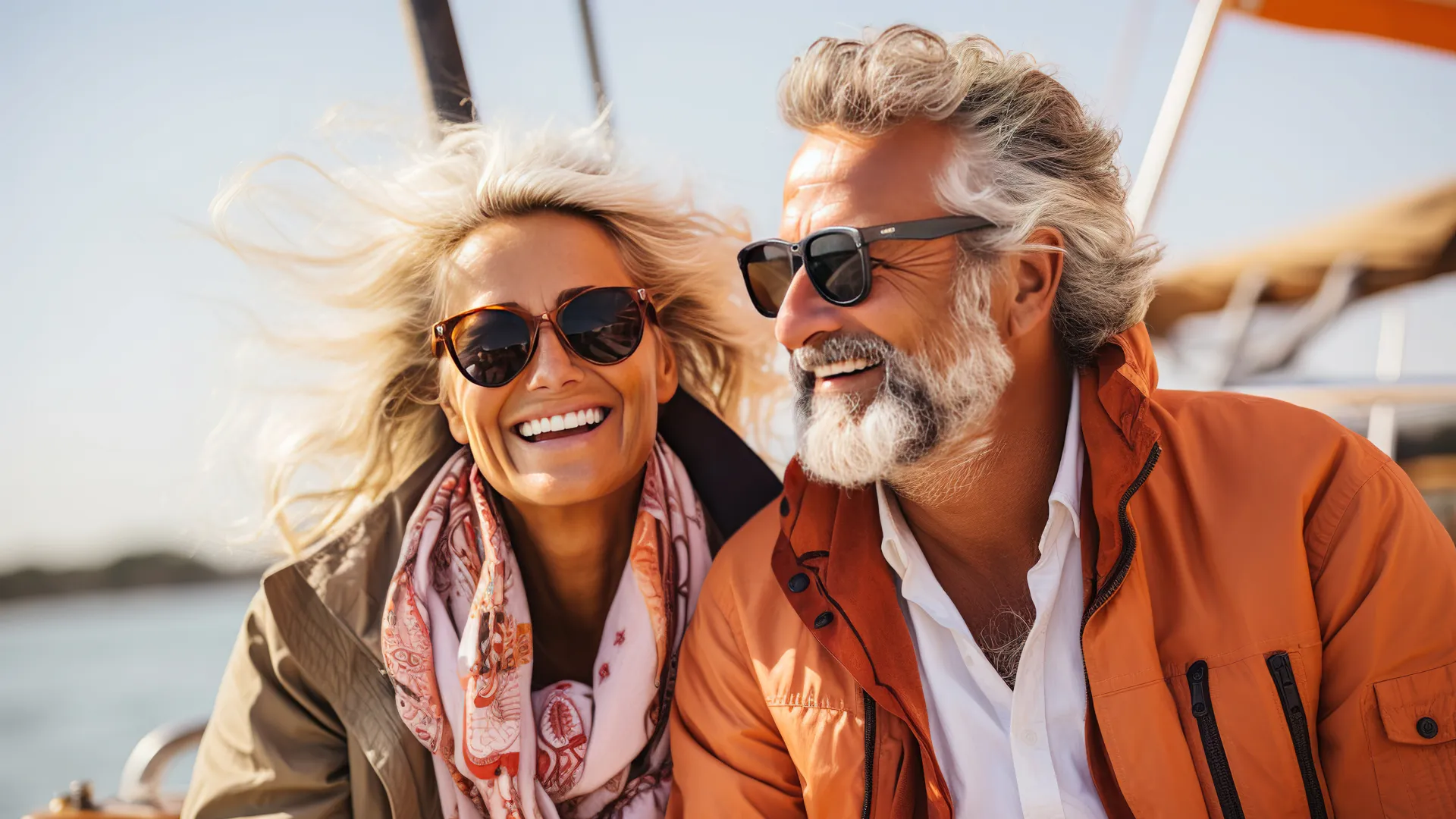 Smiling mature couple wearing sunglasses and jackets enjoying a sunny day on a boat.