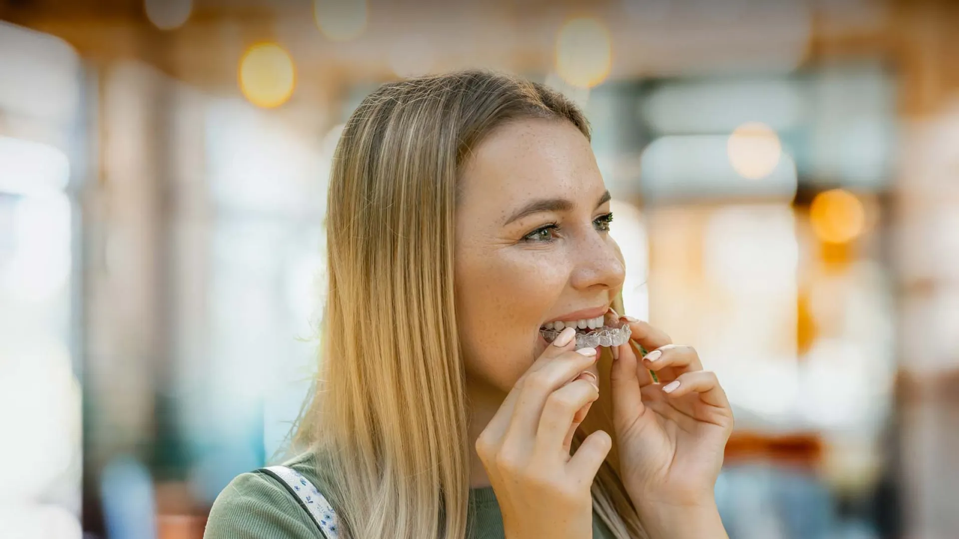 Smiling woman enjoying a snack in a bright café setting, surrounded by soft blurred lights.
