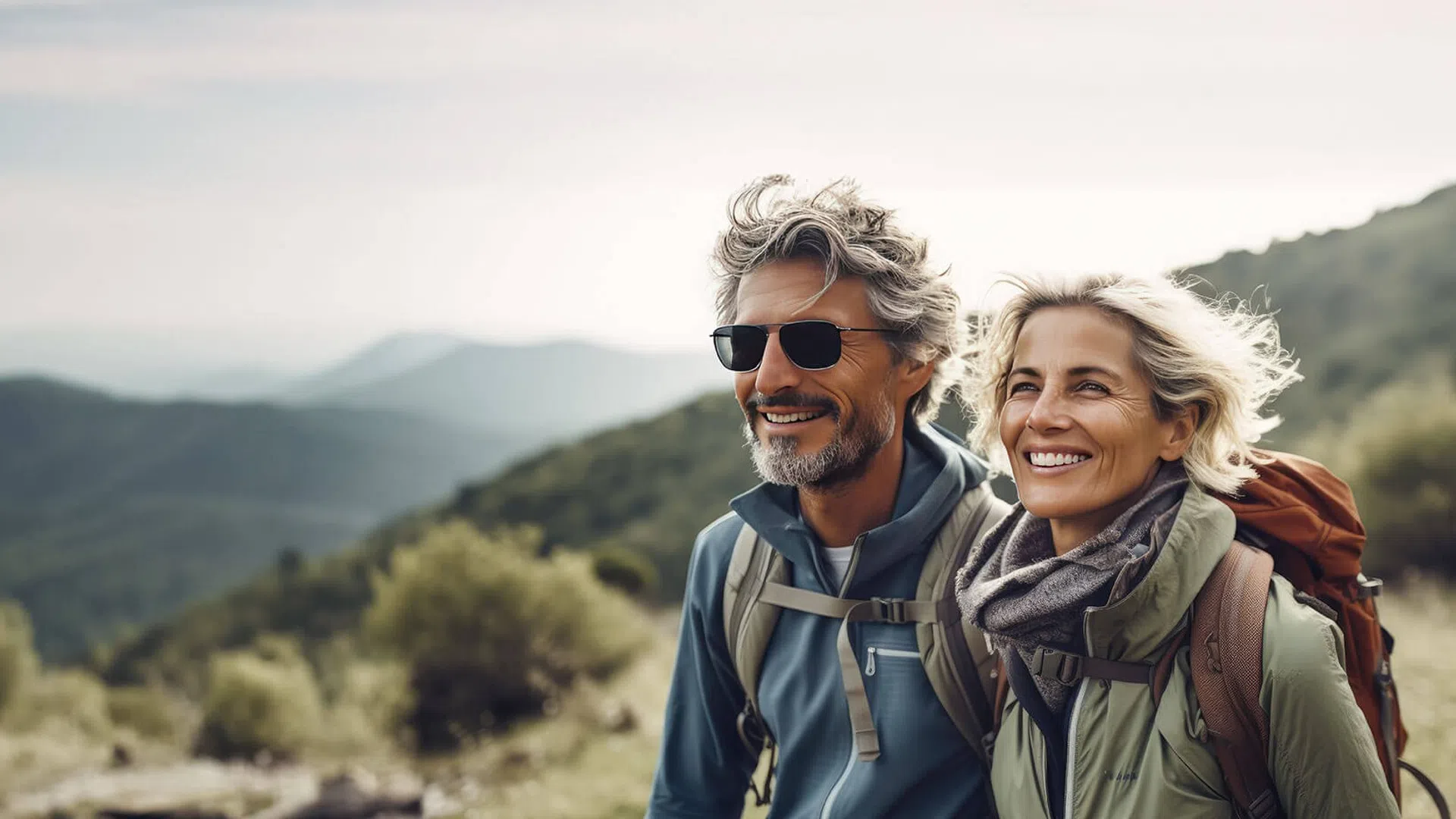 Smiling mature couple hiking in mountainous landscape with backpacks under soft cloudy sky.