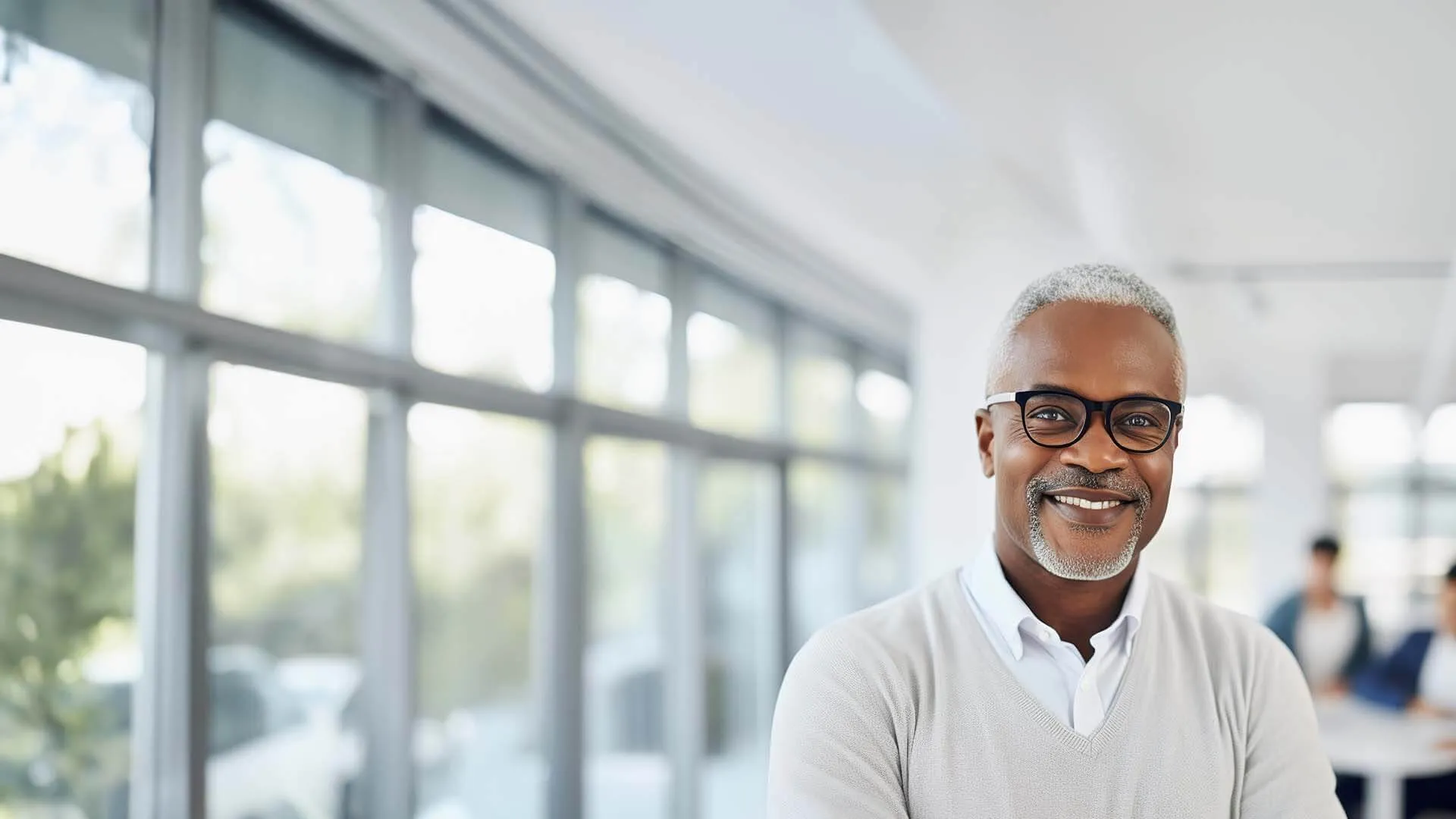 Smiling mature man with glasses standing in bright modern office with large windows and blurred background.