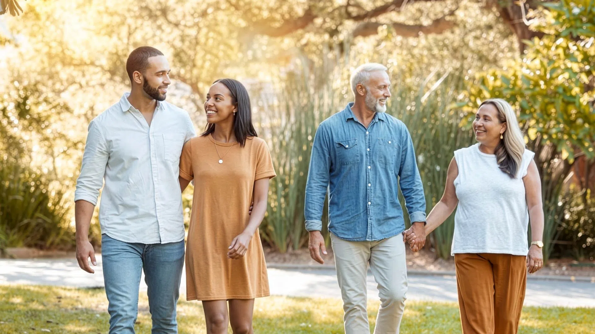 Two couples walking outdoors in a park holding hands and smiling during a sunny day