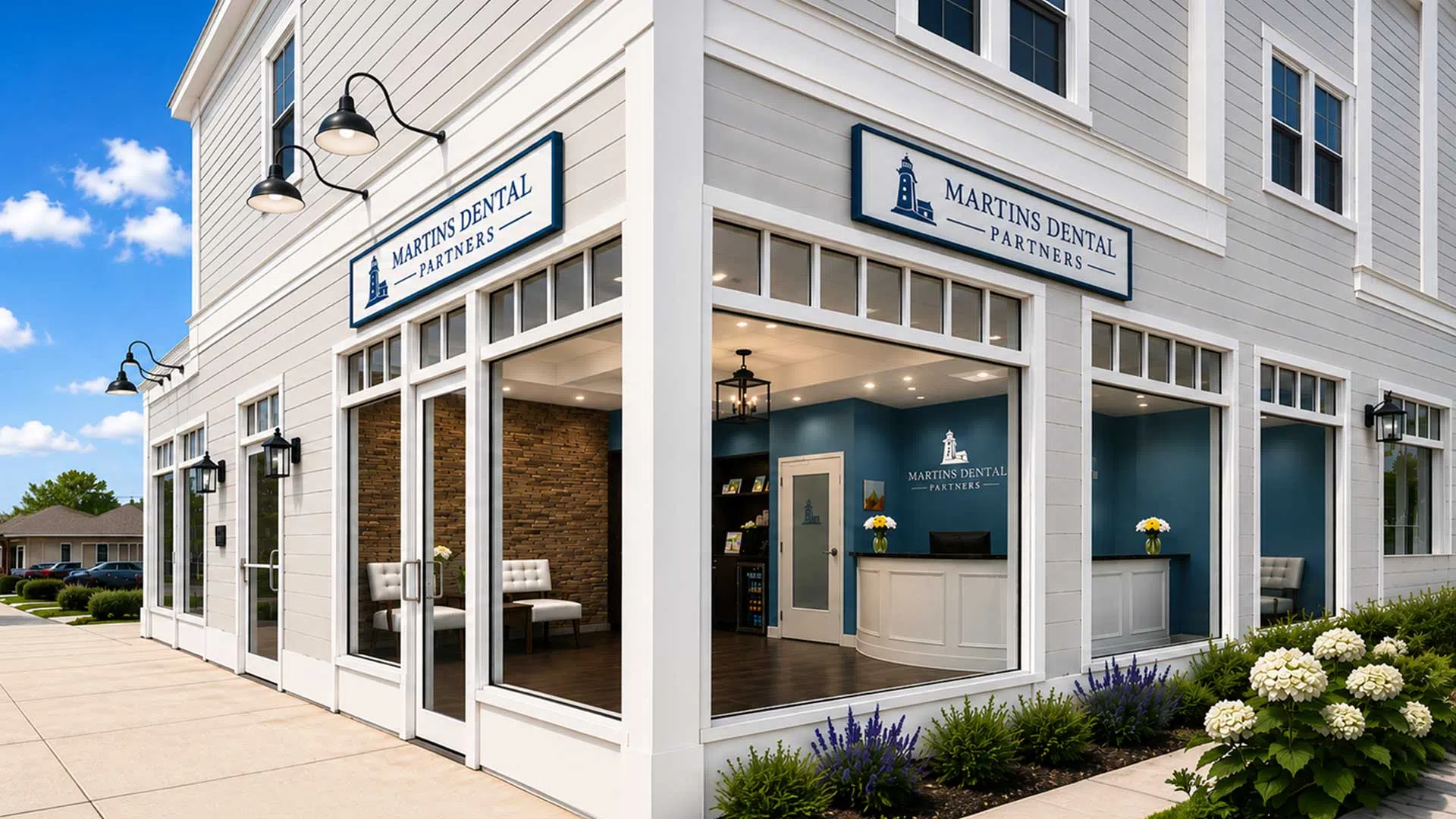Exterior and interior view of Martins Dental Partners with modern design and welcoming reception area.