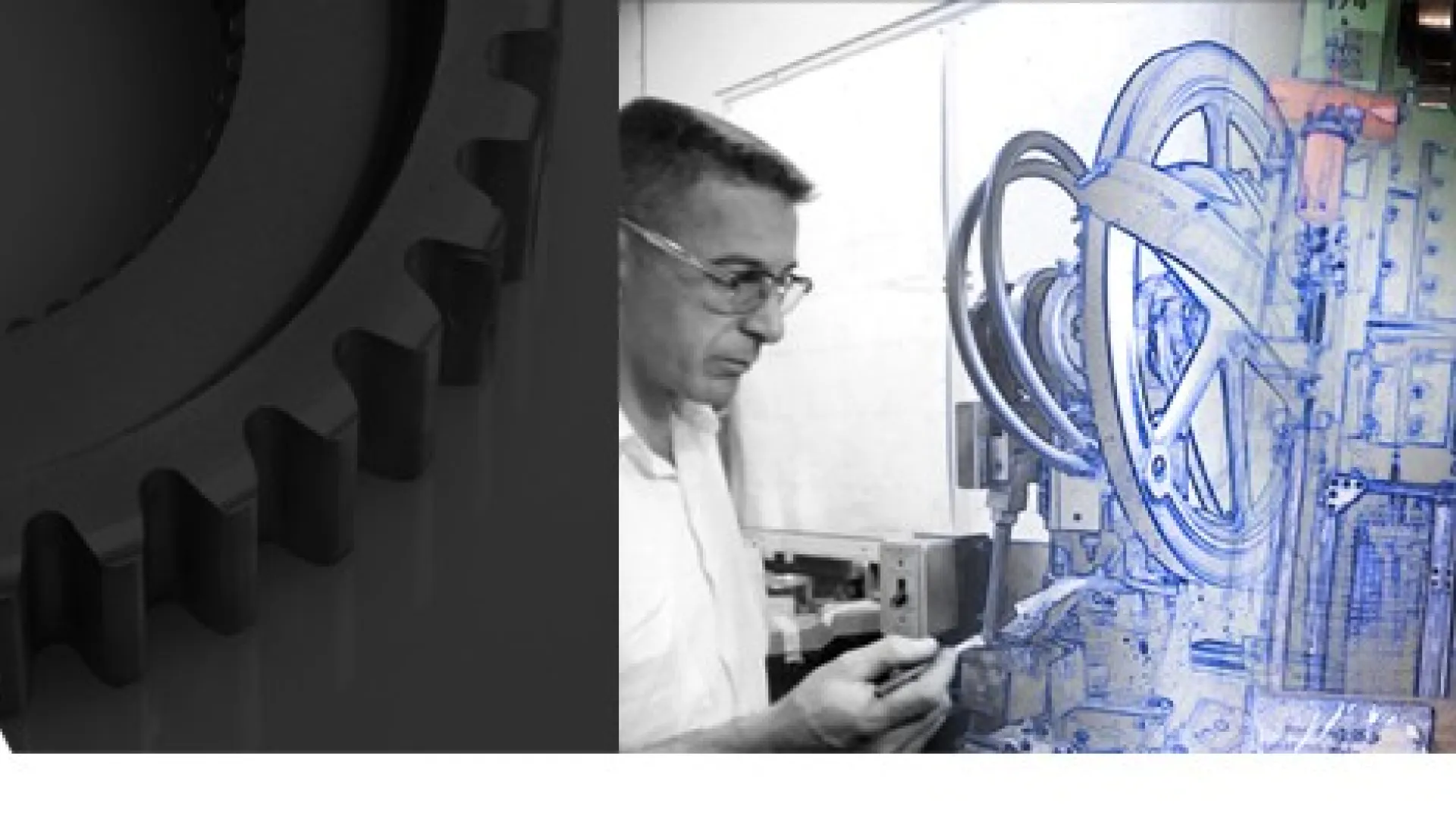Engineers studying and interacting with mechanical blueprints and machinery in a workshop environment