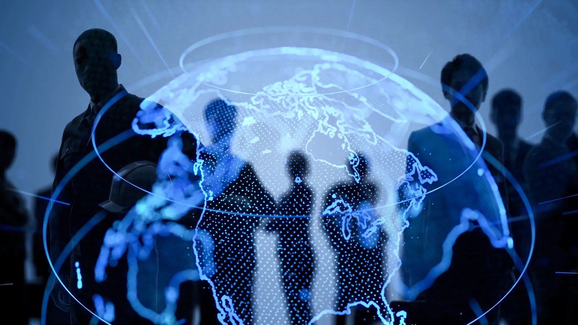 Silhouettes of professionals with digital globe and global network connections in blue tones.