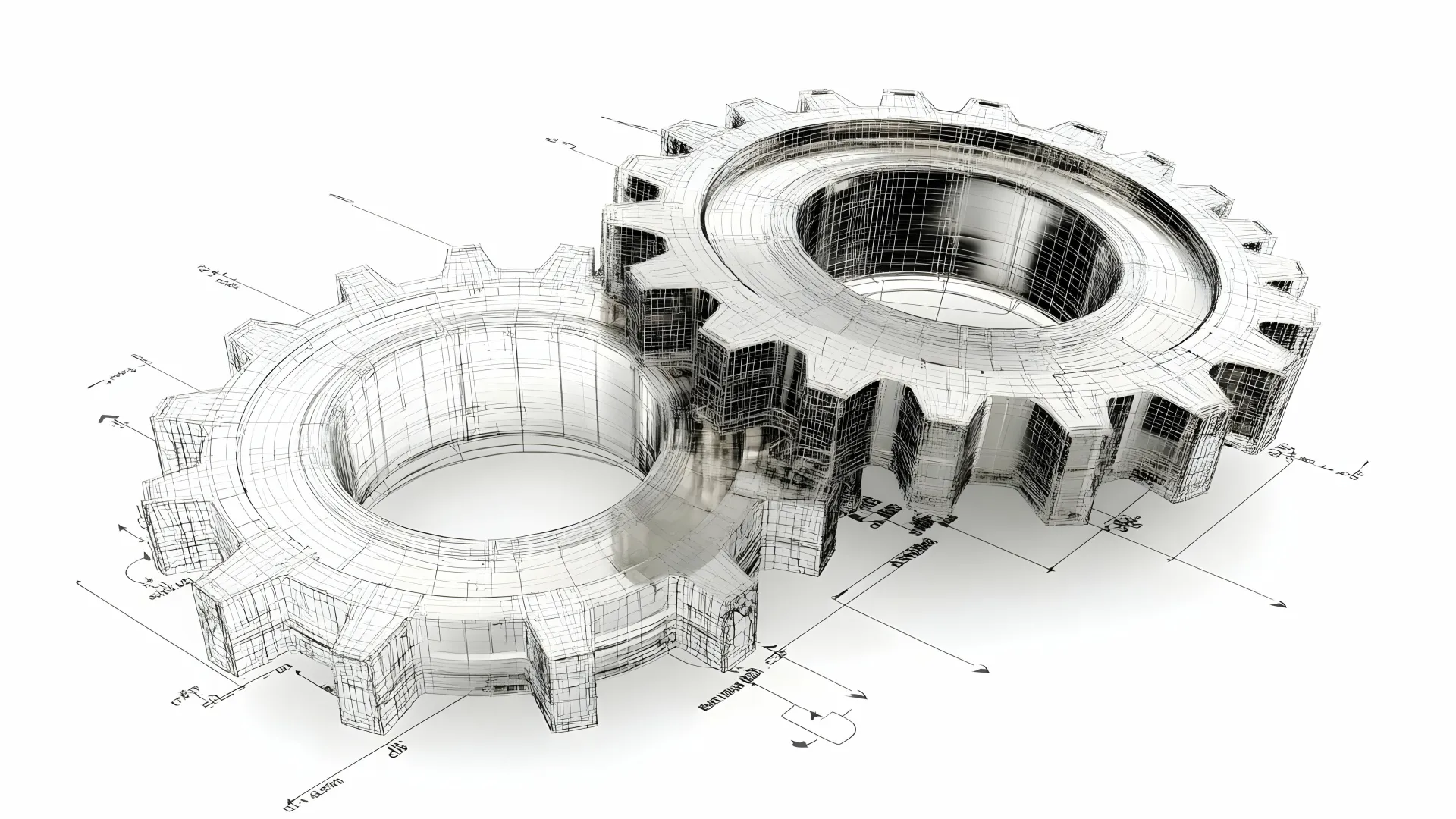 3D wireframe model of two interlocking gears with detailed technical measurements and blueprints.
