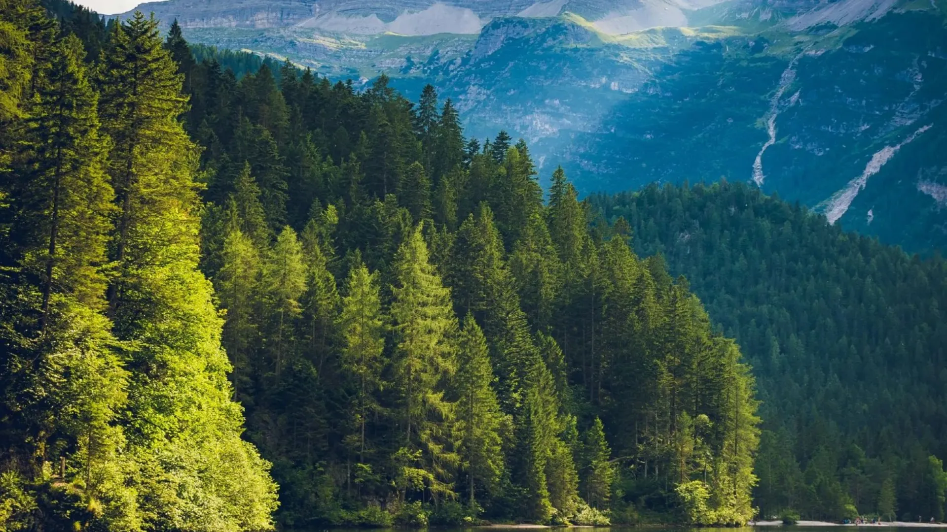 Calm lake reflecting dense green forest and towering mountain peaks under a cloudy sky.