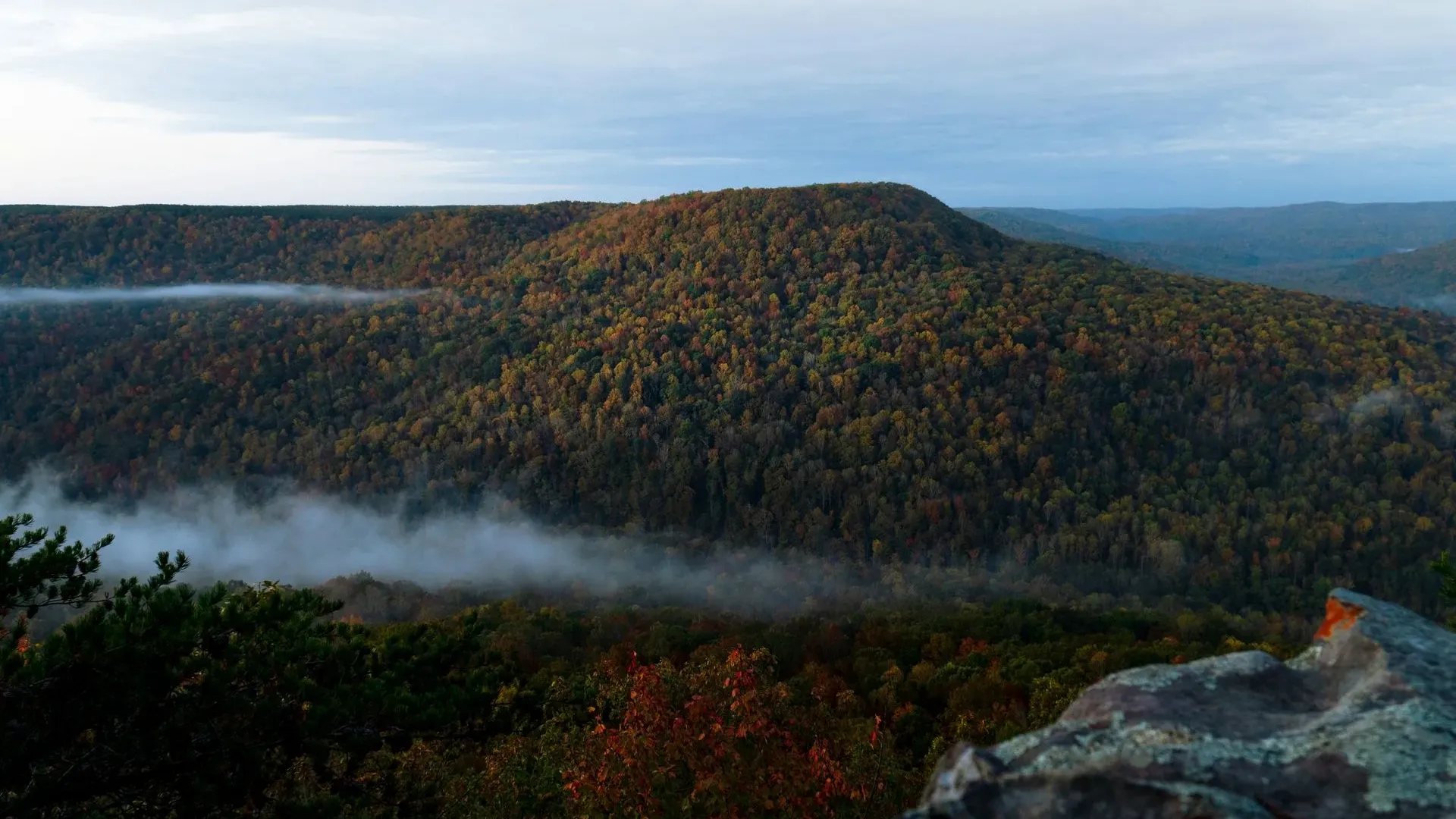 Fog rolls over a forested mountain landscape in early autumn with vibrant fall foliage and rocky foreground.