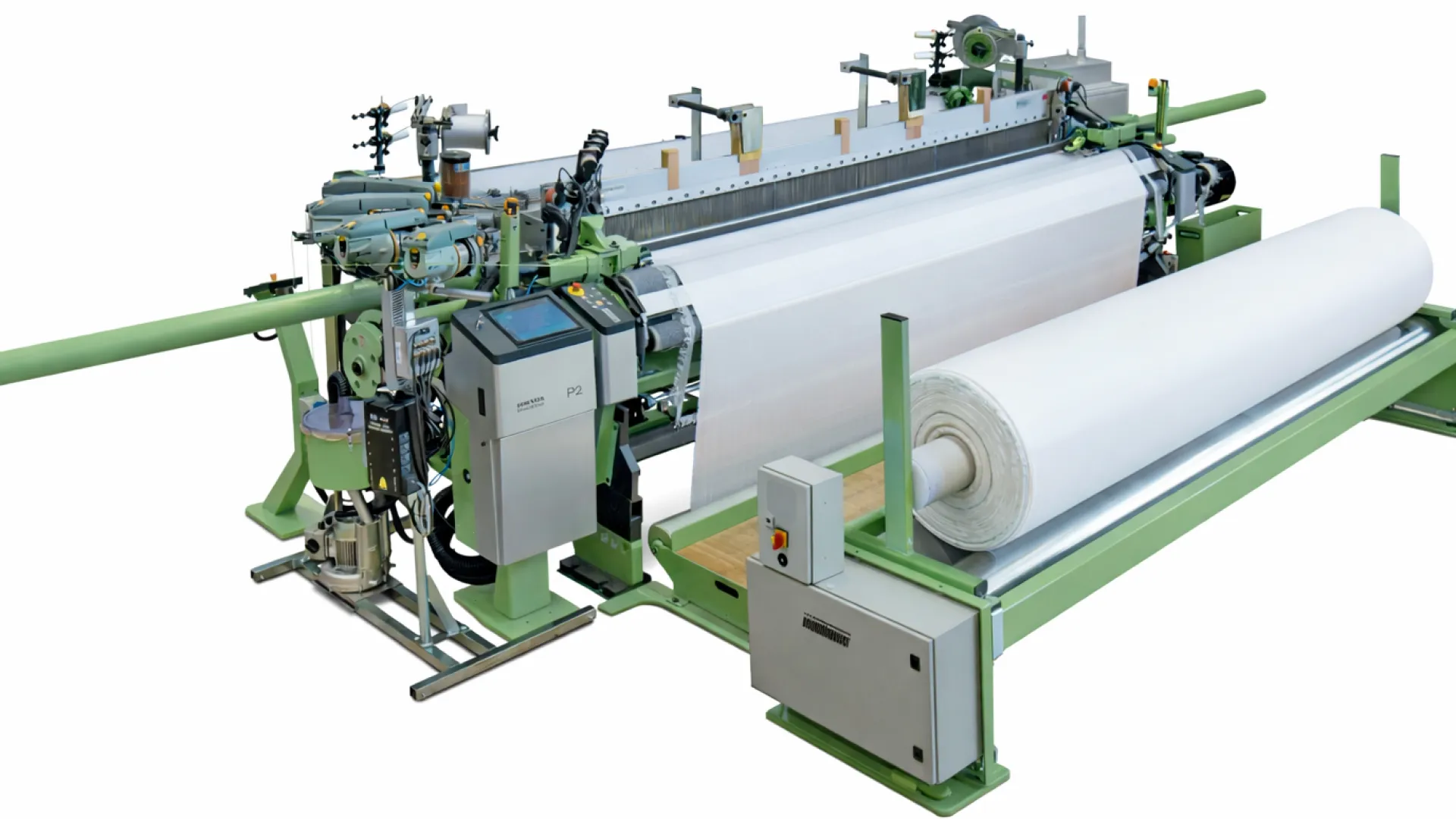 Industrial textile weaving machine processing large rolls of white fabric in a factory setting