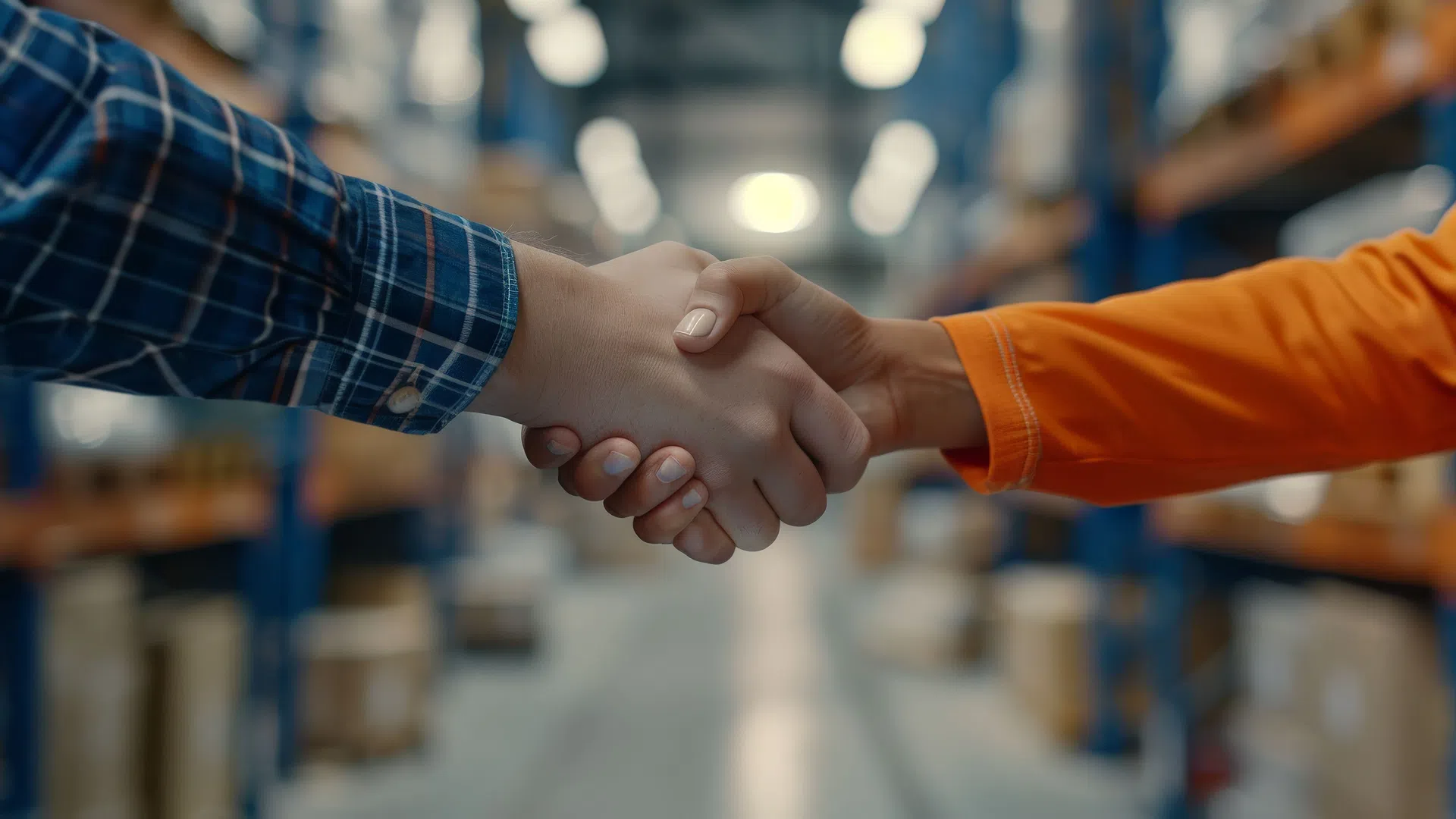 Two people shaking hands in a warehouse with shelves and boxes blurred in the background.