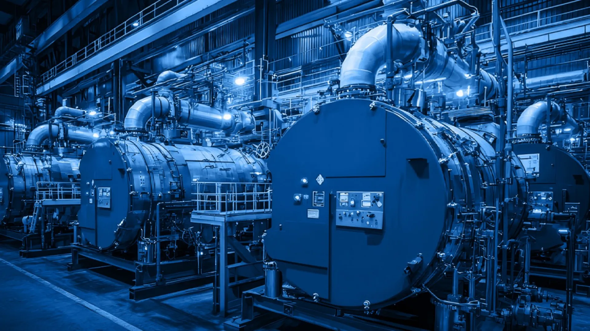 Large industrial boilers inside a factory with pipes and control panels under blue lighting.