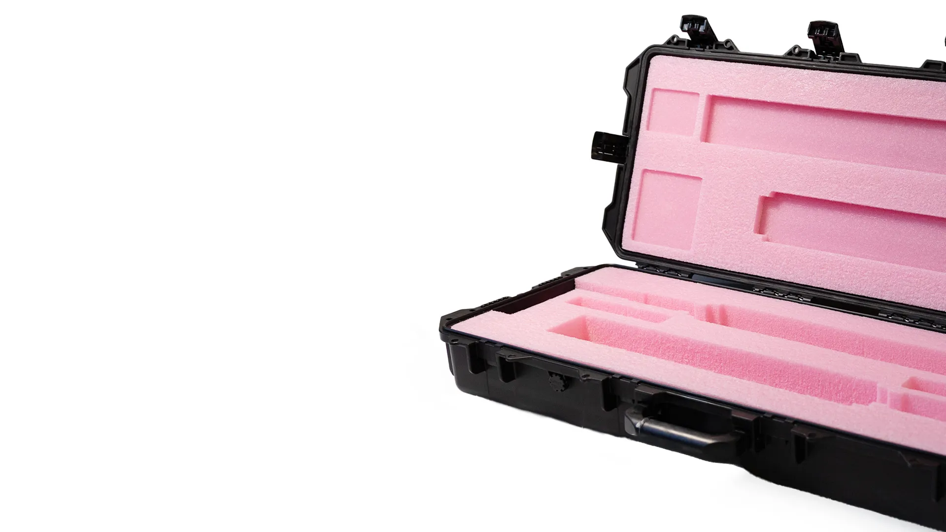 Black protective hard case with custom pink foam interior for secure equipment storage and transport