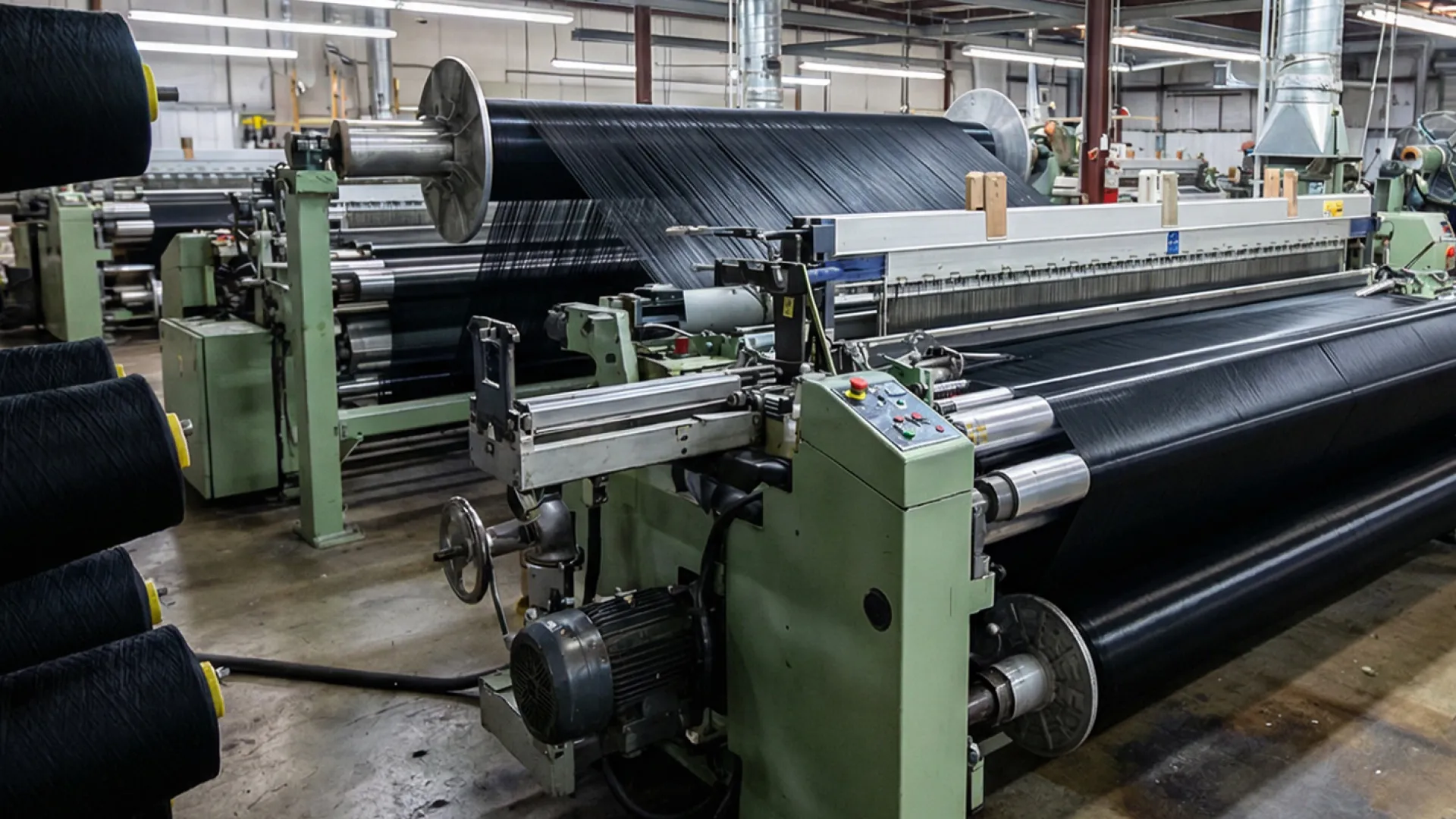 Modern industrial textile weaving machine producing black fabric rolls in a spacious factory setting.