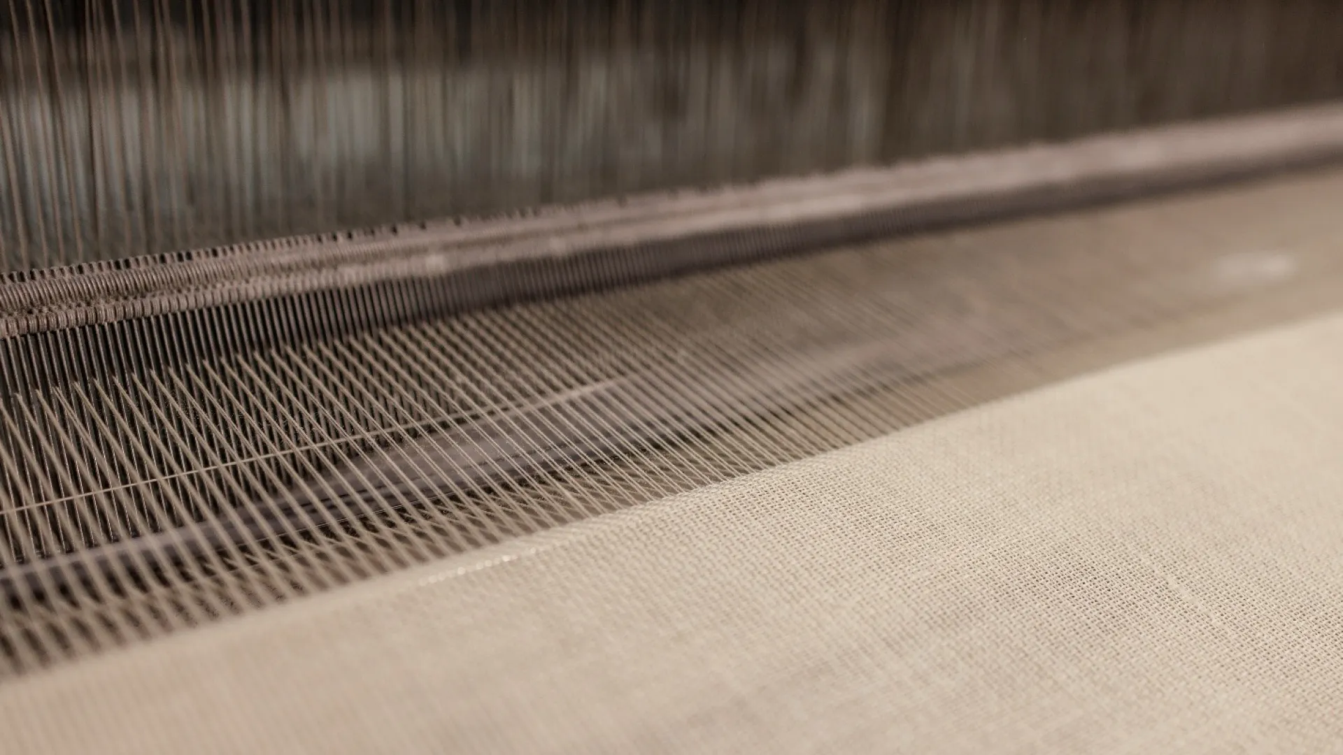 Close-up of an industrial weaving loom creating fine beige fabric with interlaced threads.