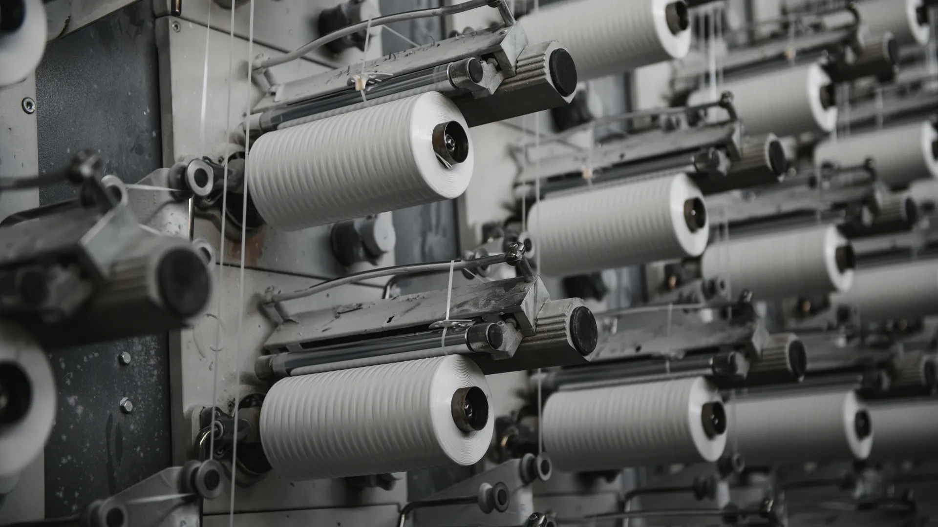 Close-up of industrial textile spools on machinery in a fabric manufacturing factory setting.