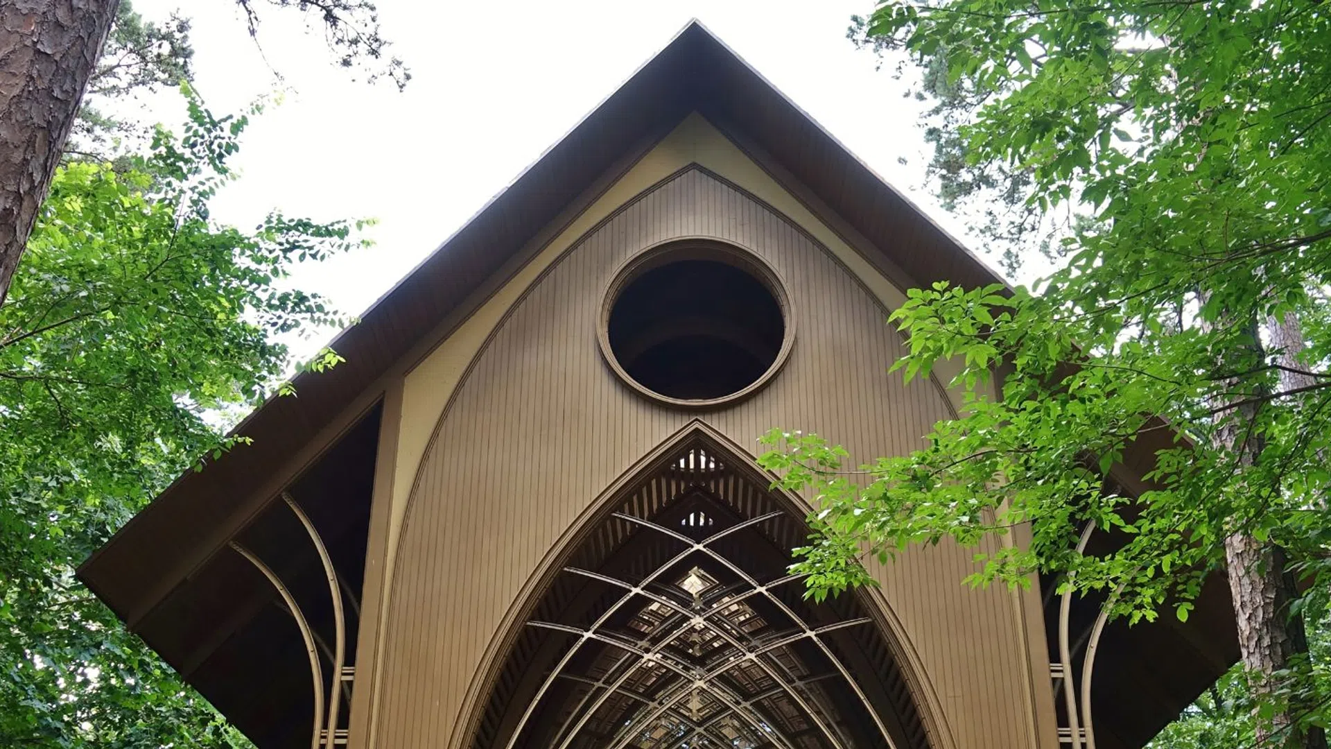 Modern triangular wooden cabin surrounded by tall green trees and natural forest setting.