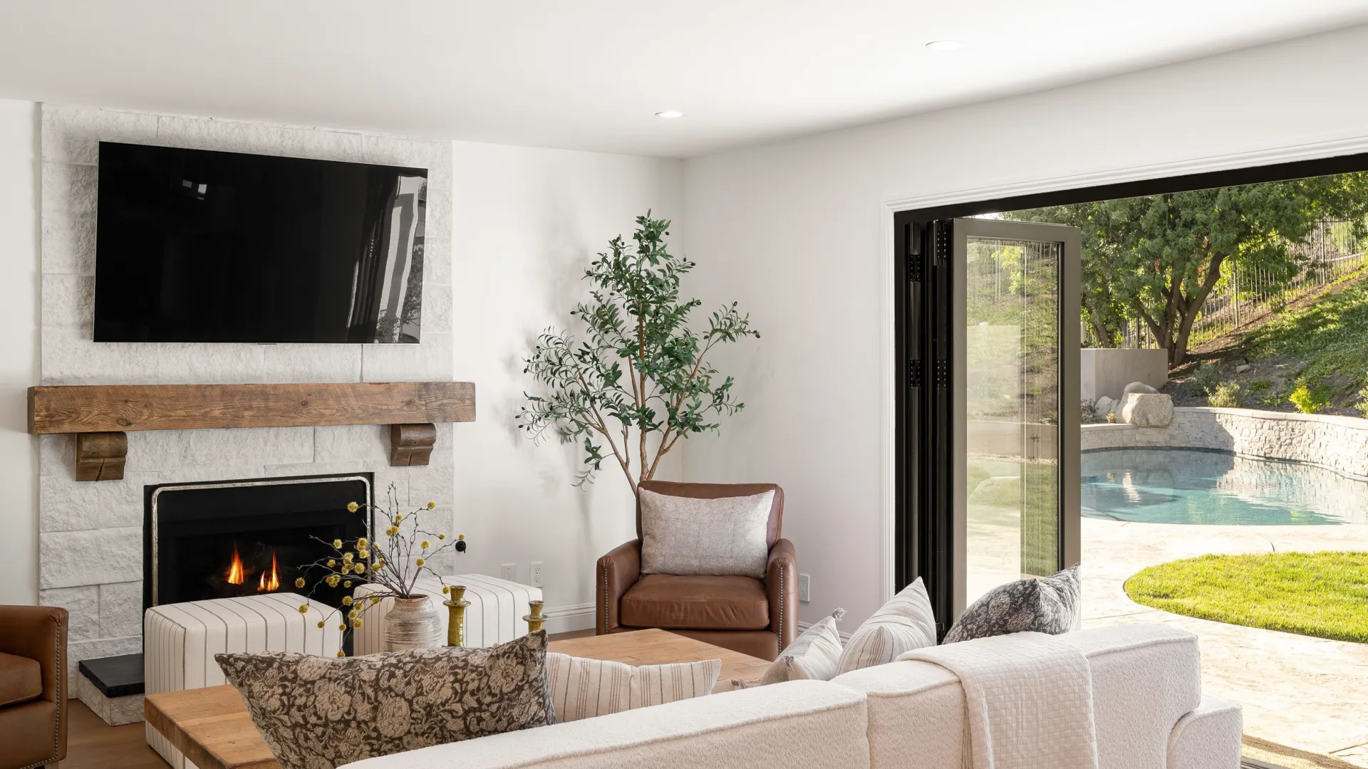 a living room with a fireplace