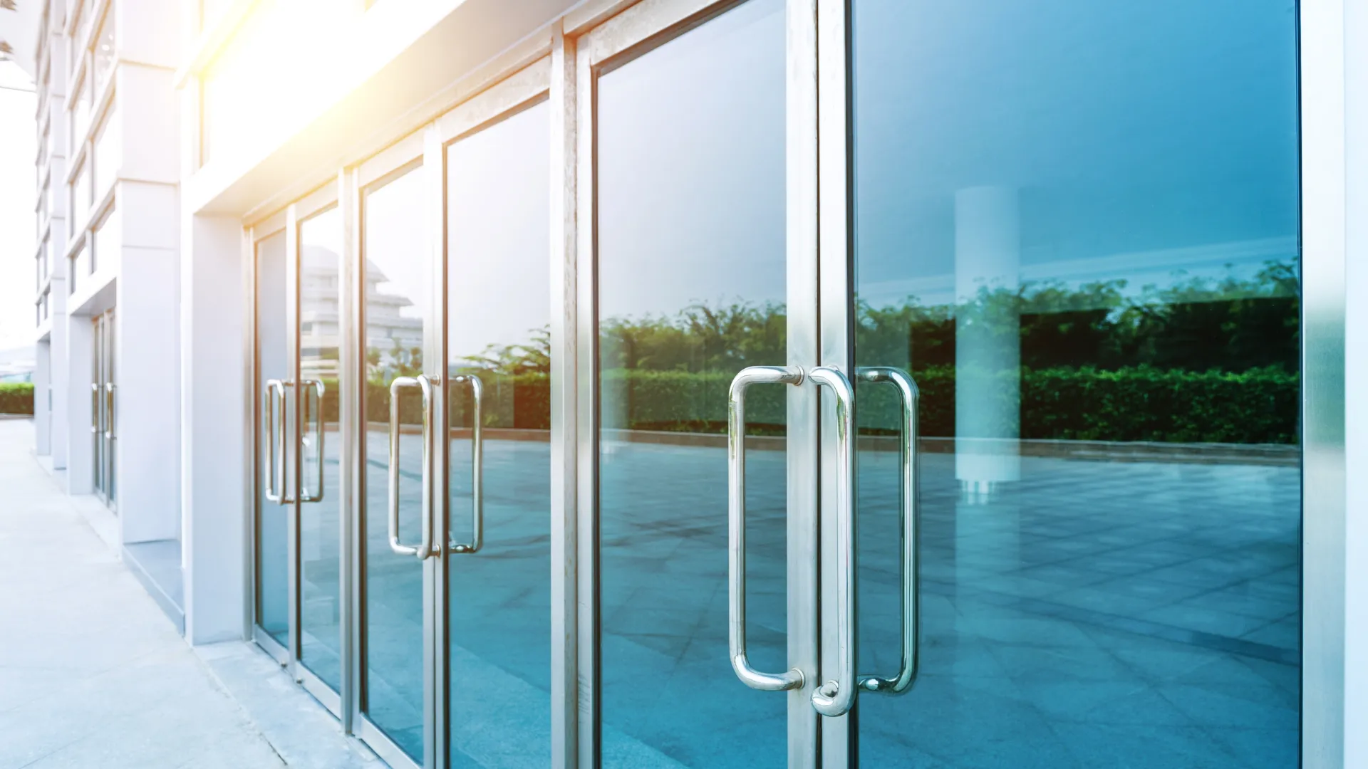 a building with glass doors