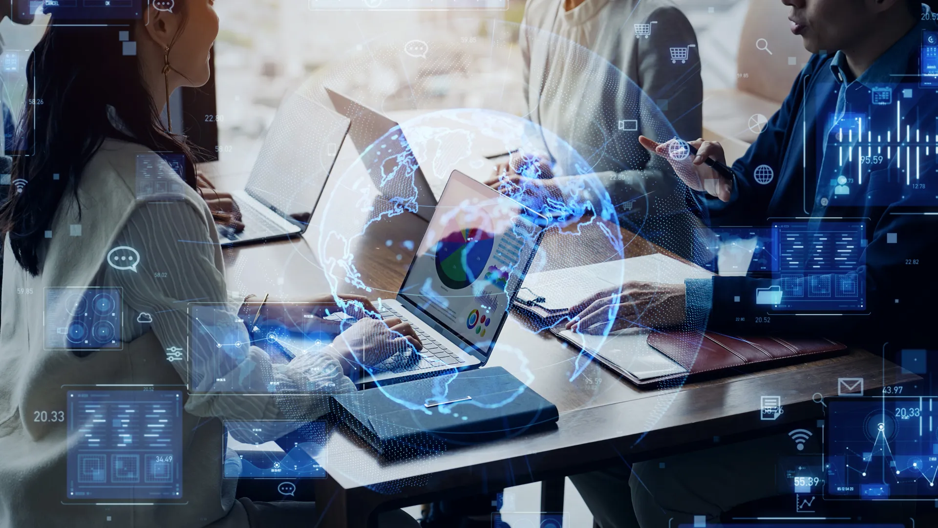 Team of diverse professionals collaborating on laptops with digital network connections in modern office setting.