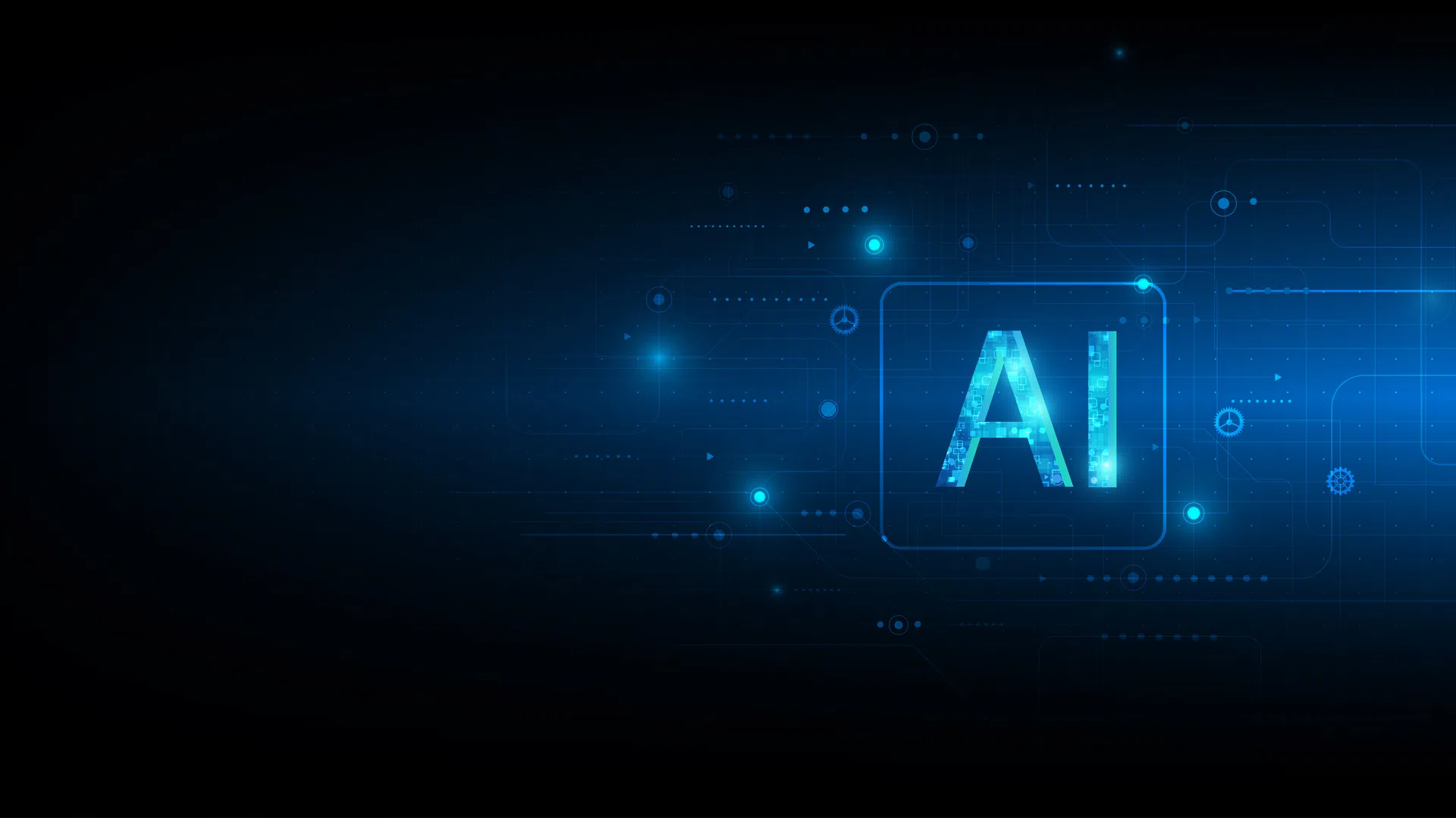 Glowing blue AI letters on digital circuit background representing artificial intelligence technology concept.