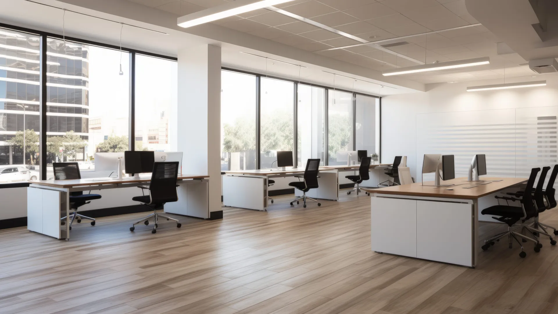 an empty office with large windows