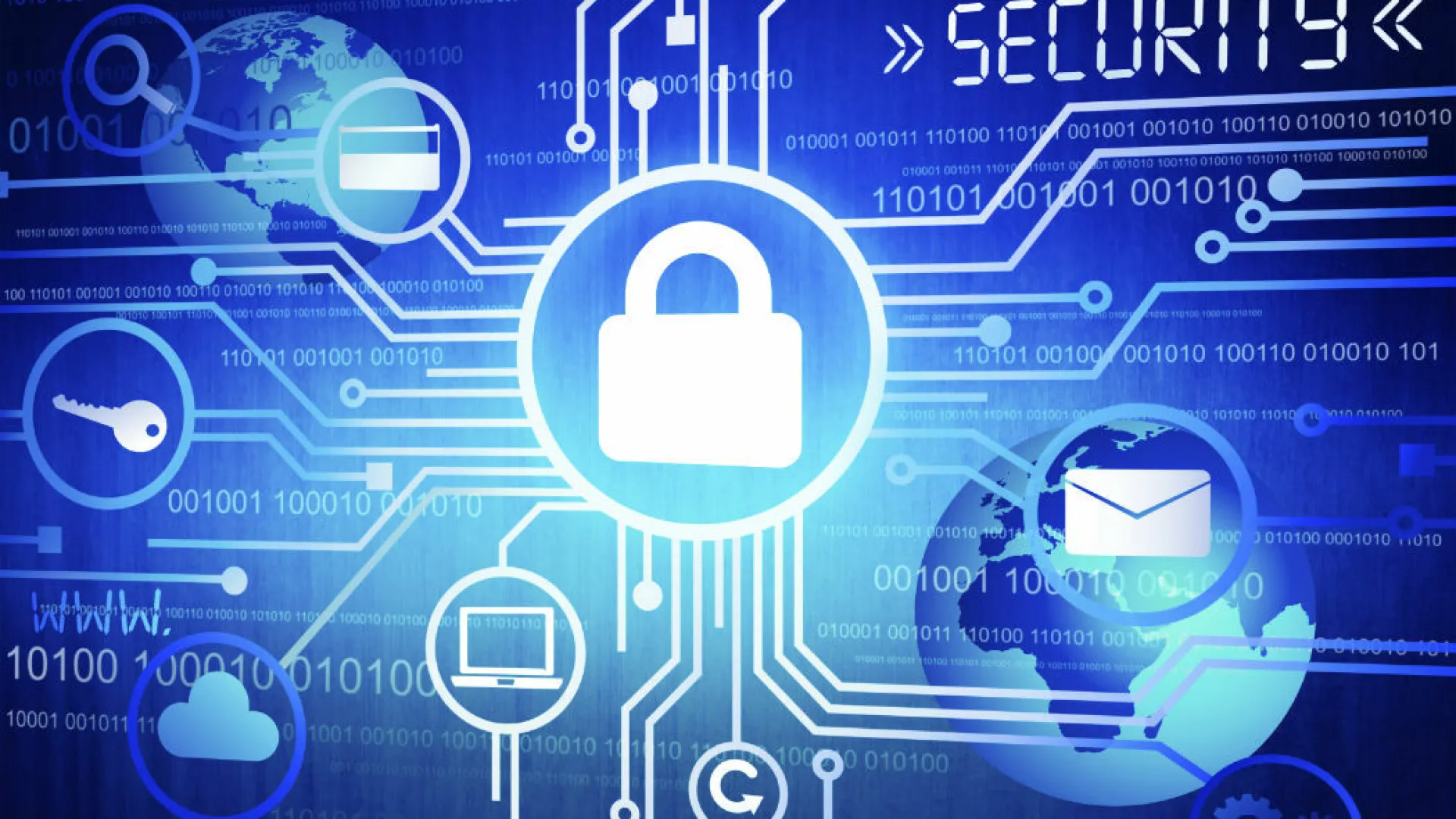 Digital security concept with lock icon, binary code, global network, key, and email symbols on blue background