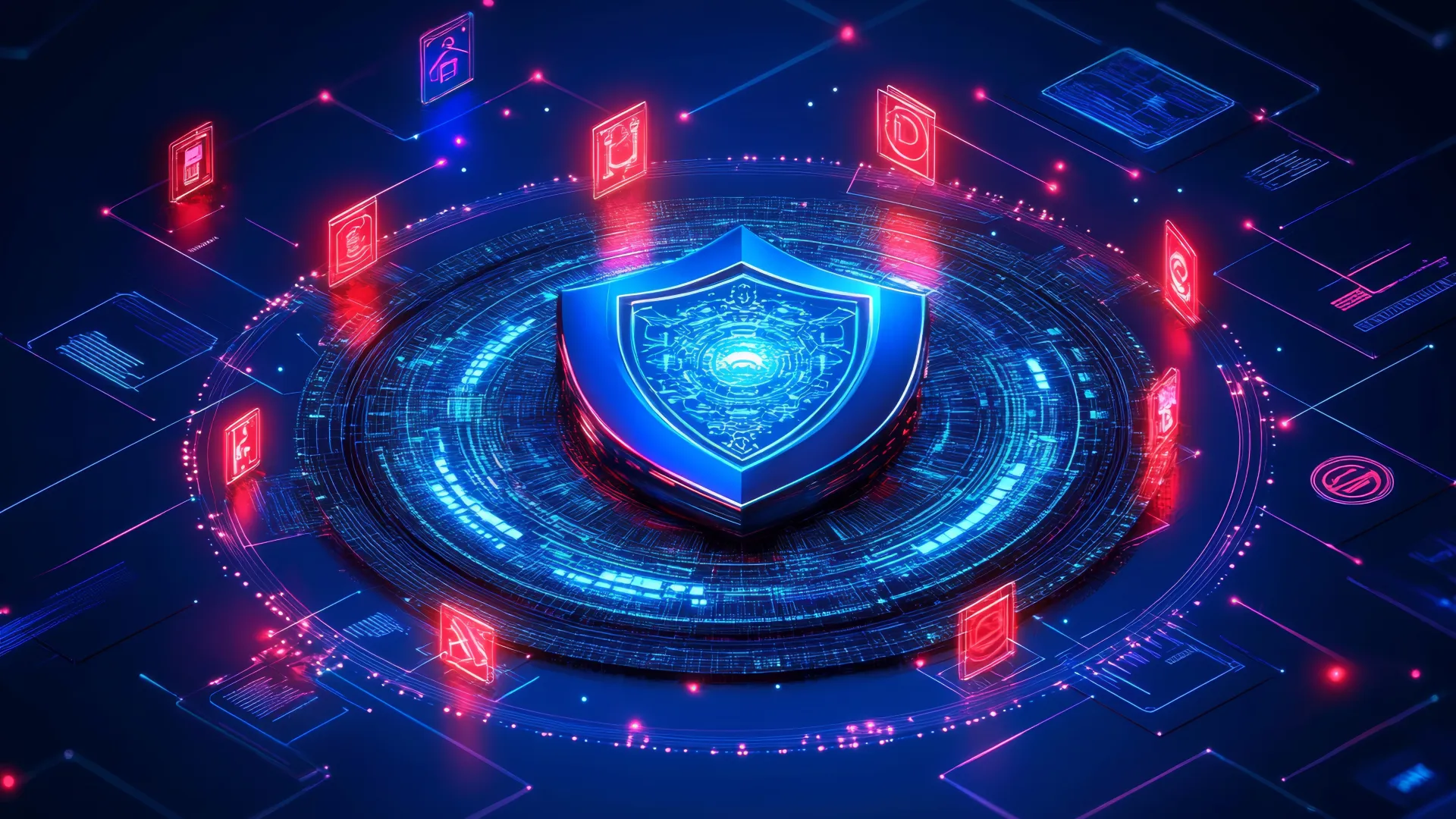 Digital shield symbol surrounded by red glowing icons representing cybersecurity and data protection.