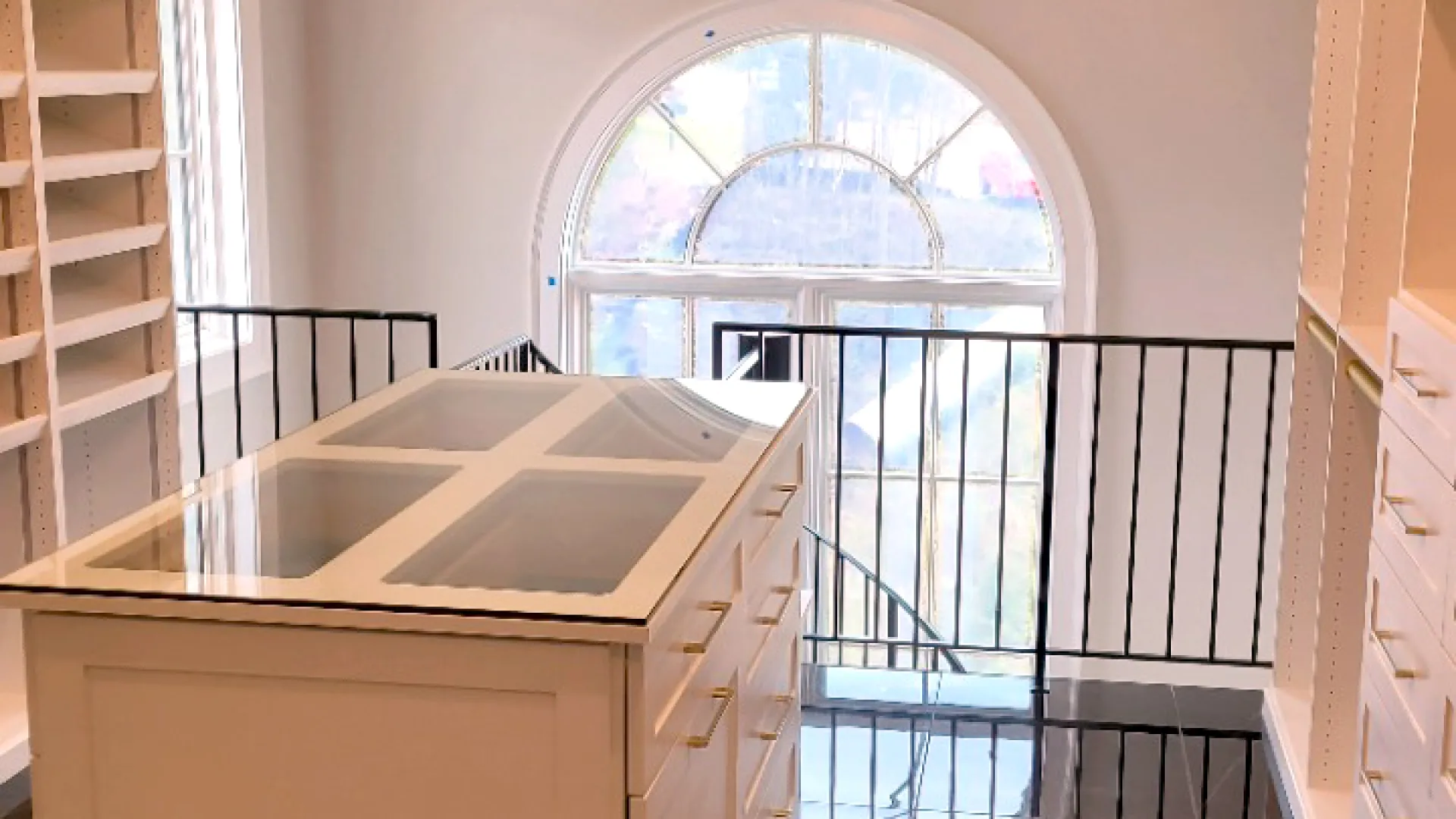 a kitchen with a chandelier