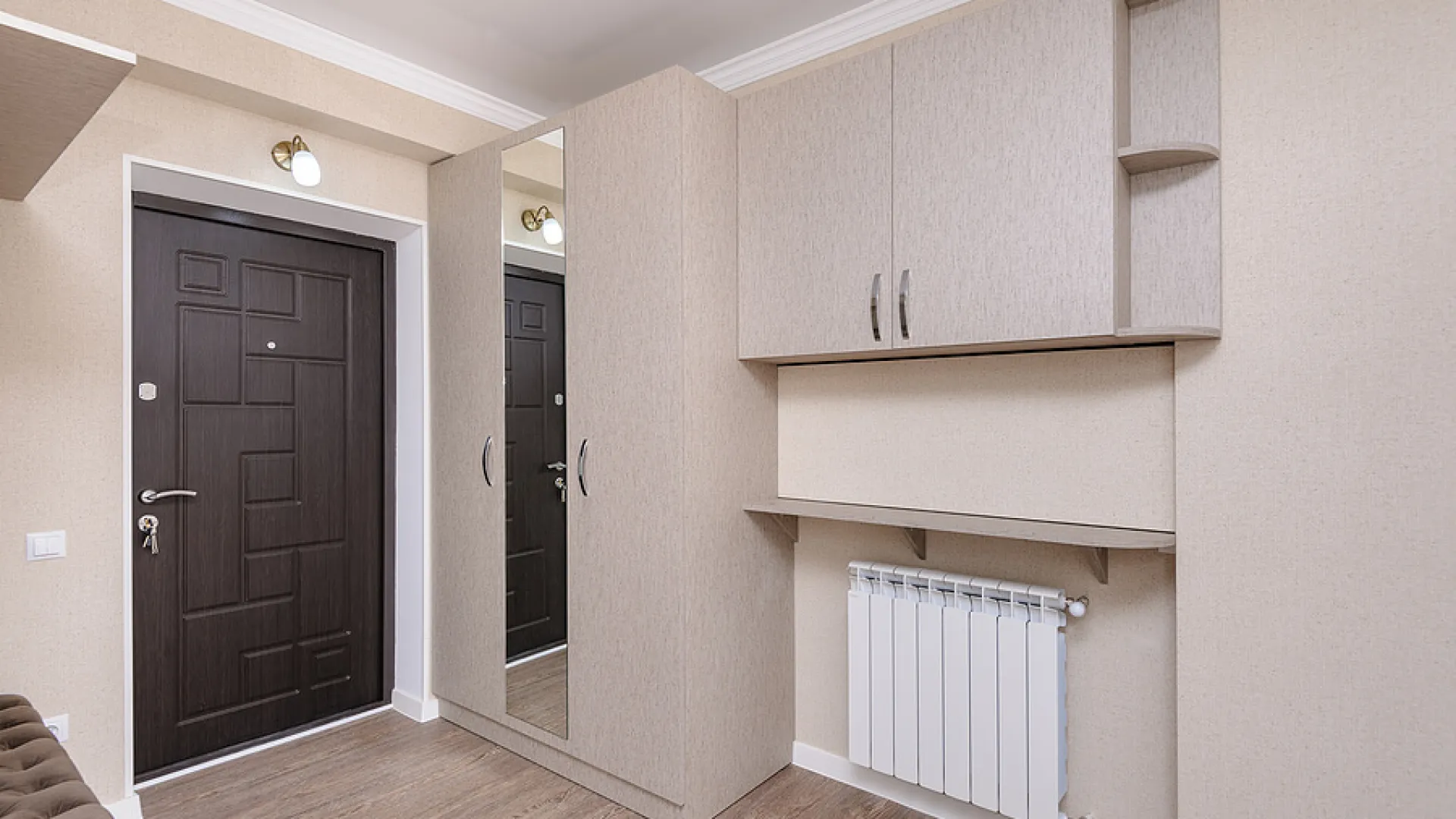 a room with white cabinets