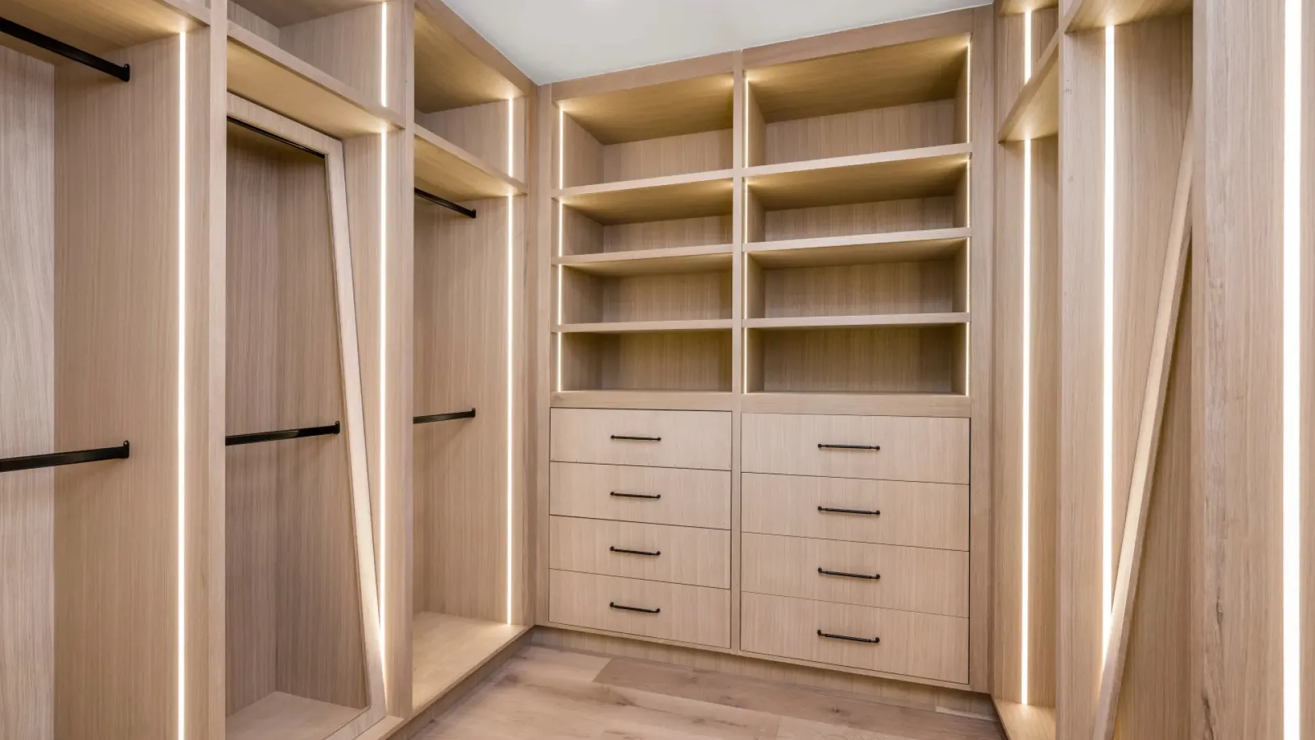 a room with a wood floor and white cabinets