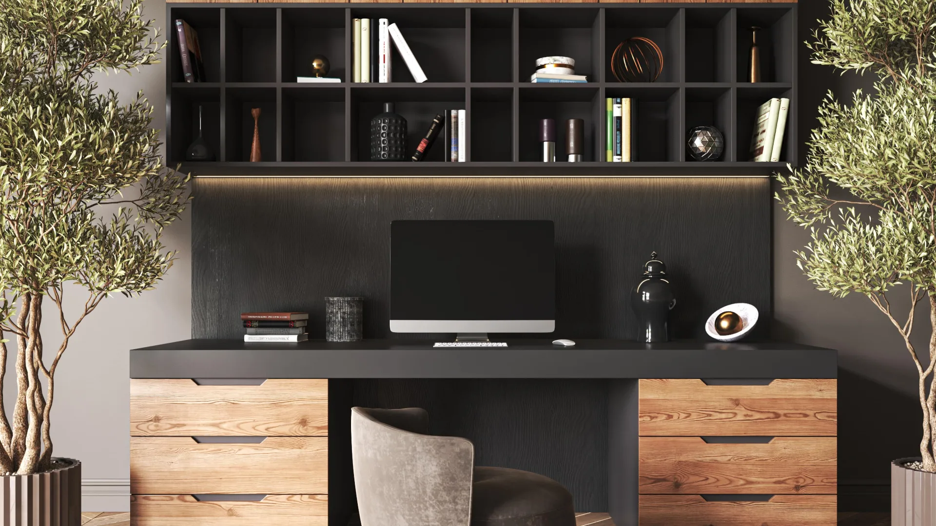 a black desk with a computer and a chair in front of a office desk with books