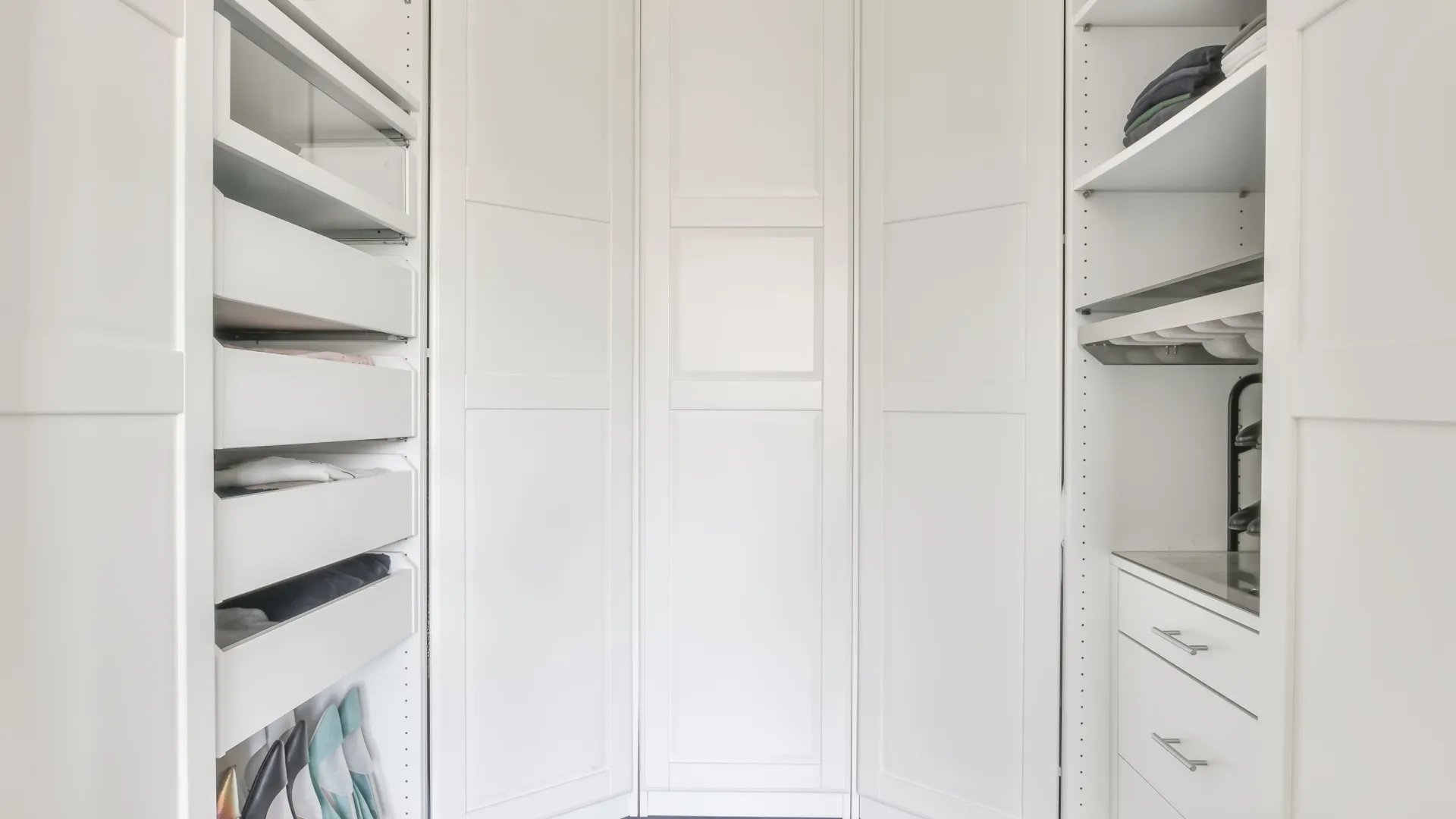 a white room with white shelves