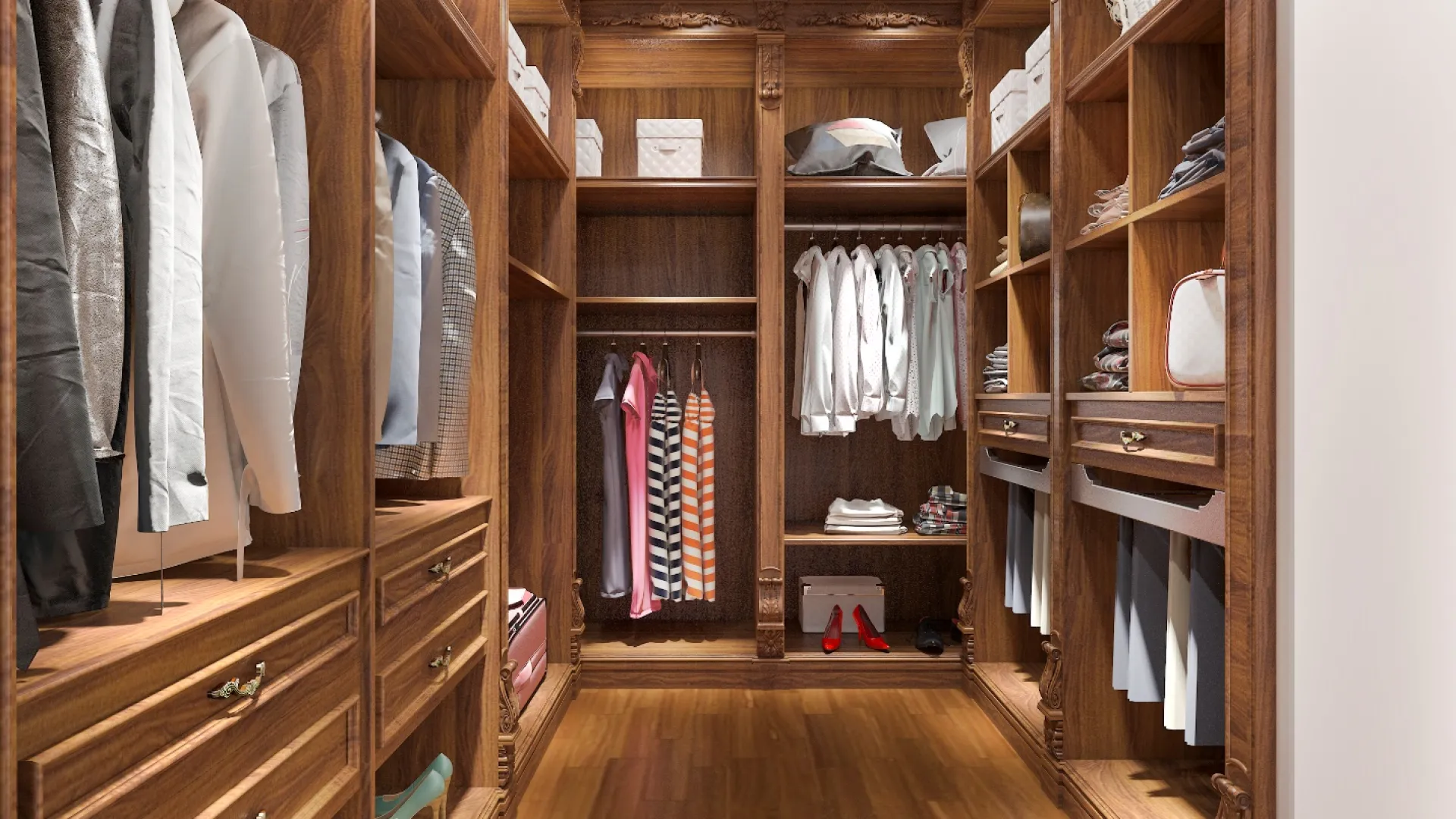 Elegant wooden walk-in closet featuring organized clothing, shoes, and accessories for luxurious storage.