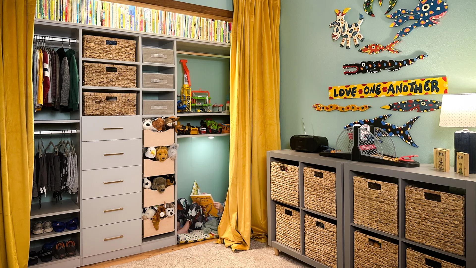 a room with a cabinet and a shelf with objects on it