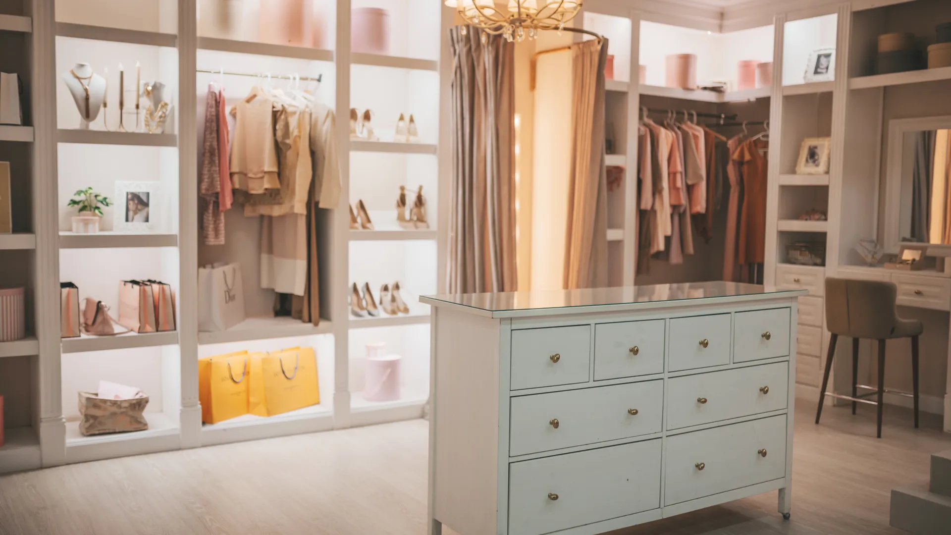 a room with a cabinet and a mirror