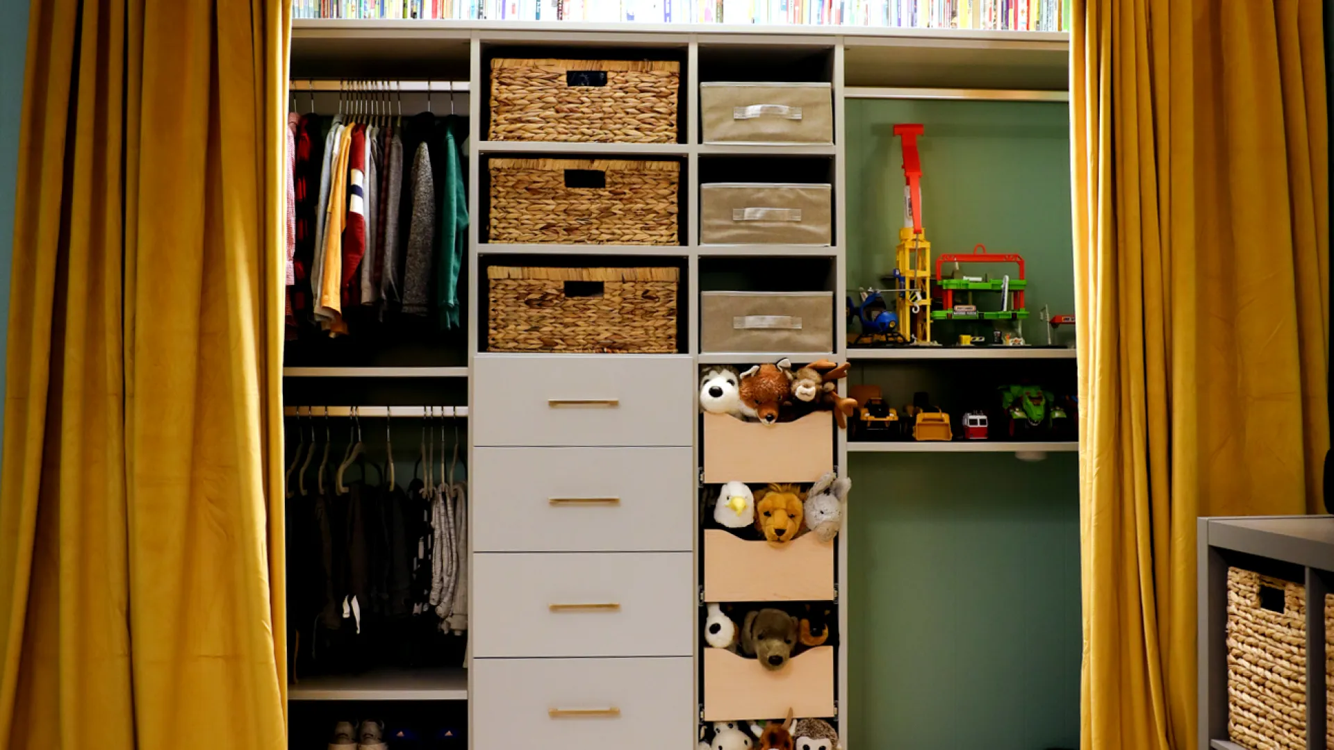 a closet with a shelf and shelves