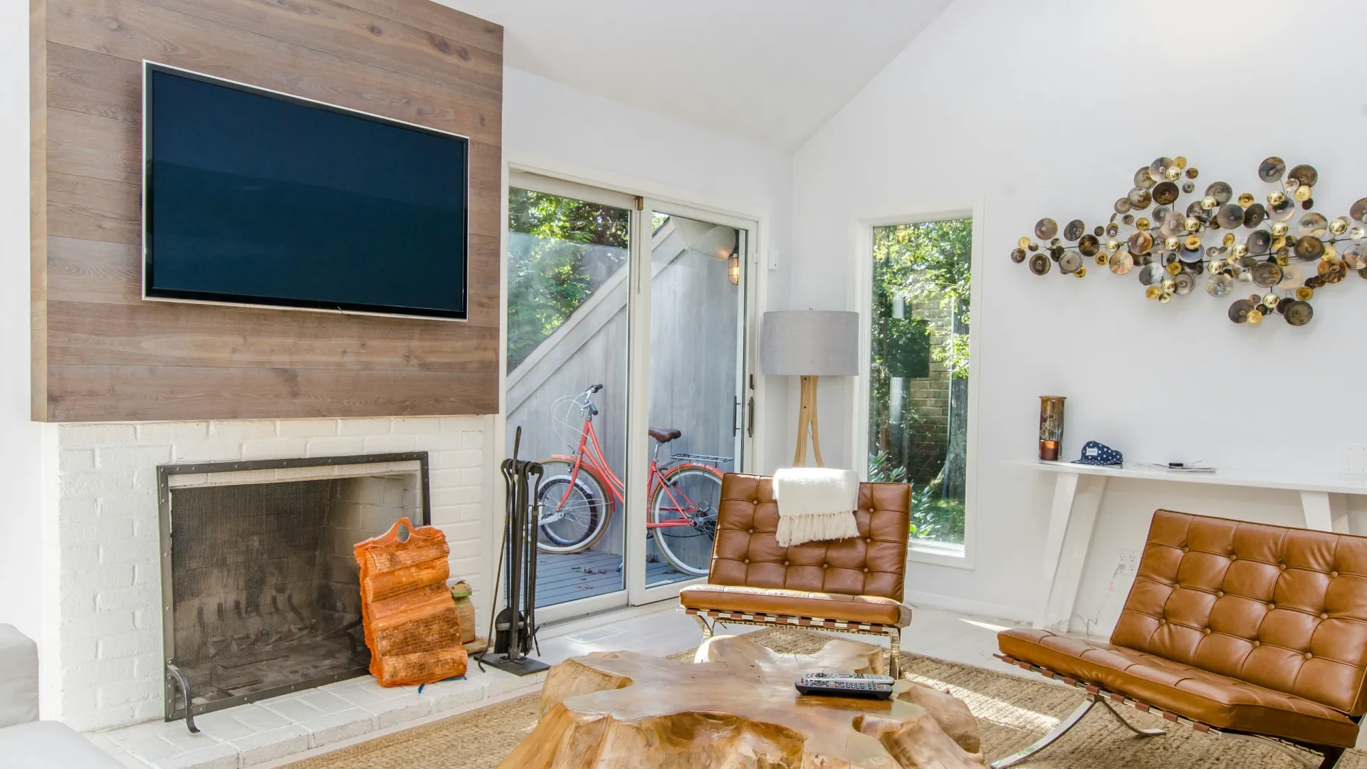 a living room with a fireplace