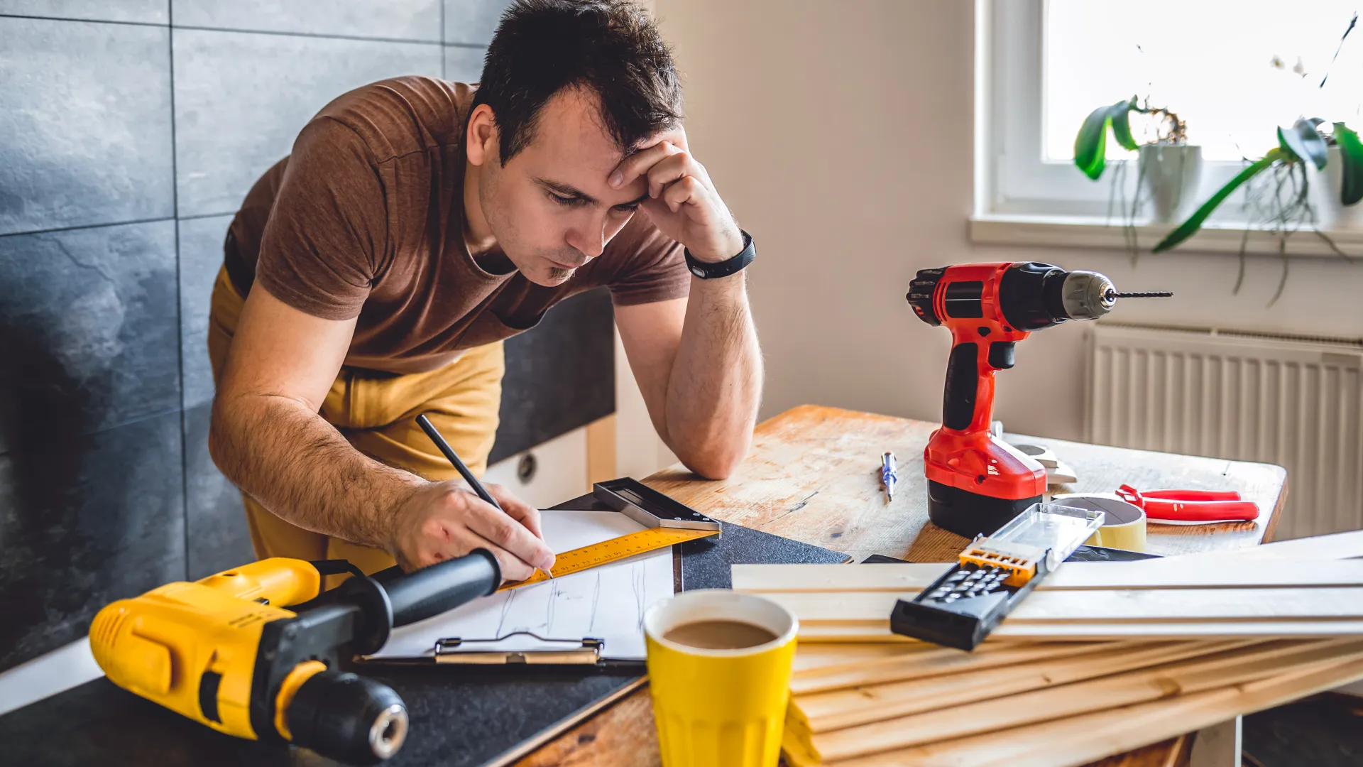 Man working on installing a DIY closet with electric drill, drill bits and wooden pieces on a table