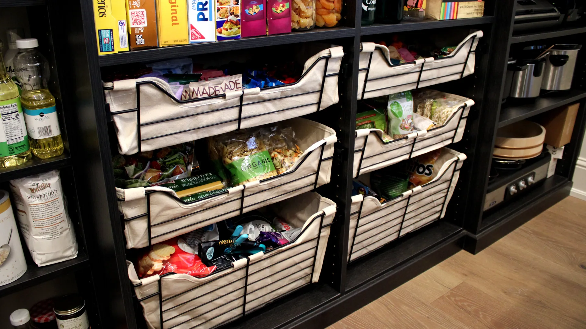 a shelf with food and drinks