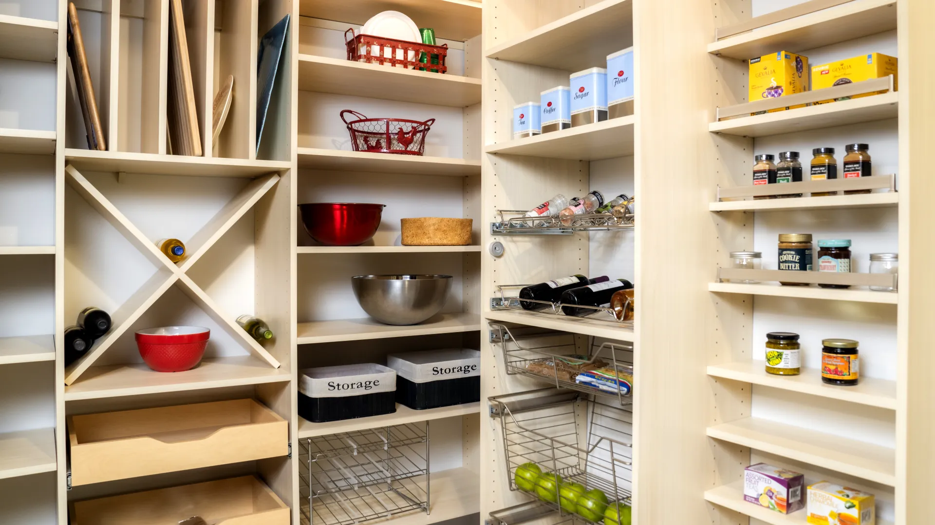 a room with shelves and food