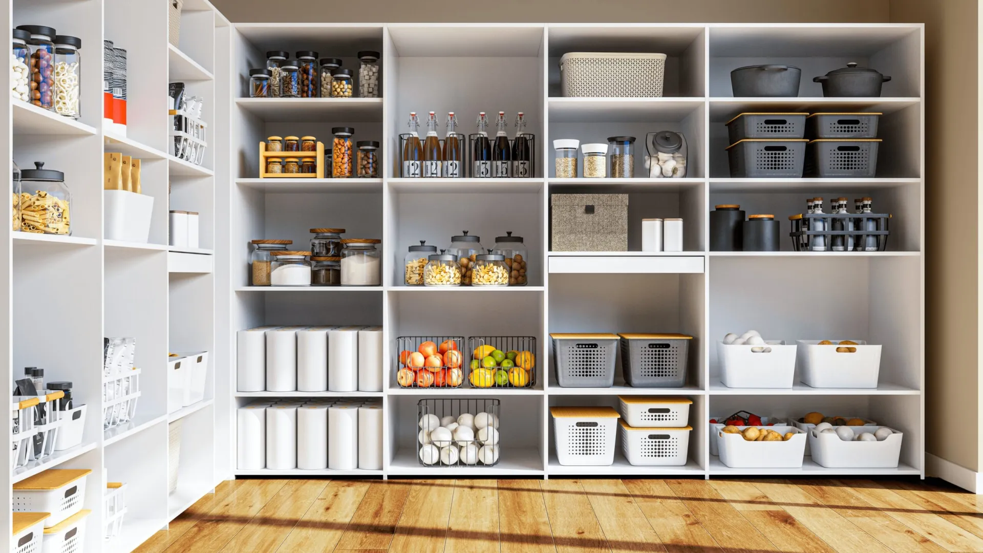 a white shelving unit with many containers of food