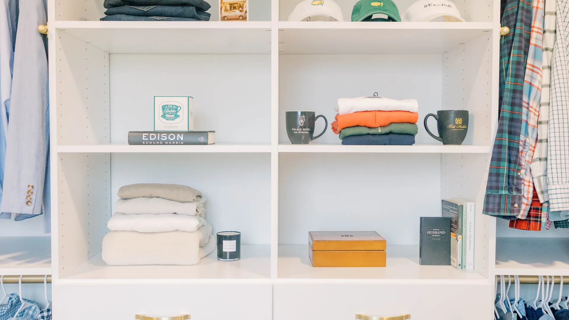 a white shelving unit with various items on it