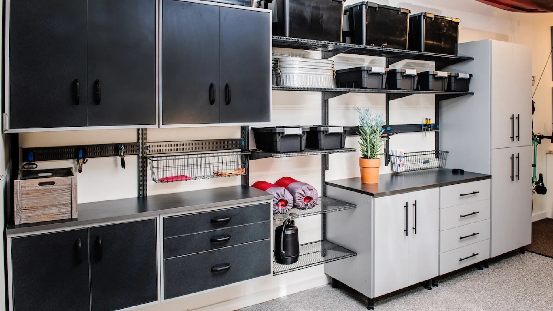 Organized storage room with black and white cabinets, shelves with black bins, a plant, and neatly arranged items.