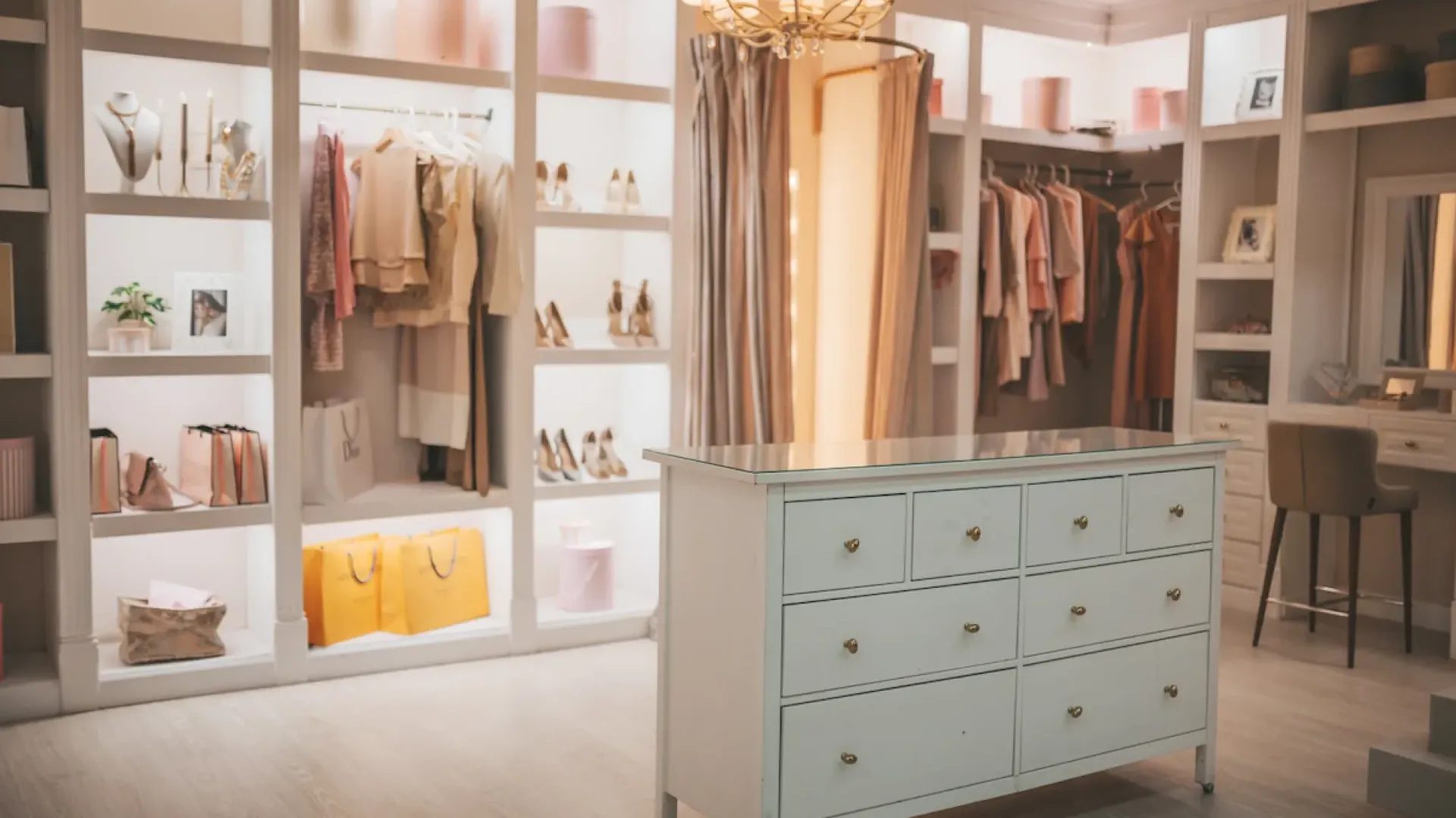 Stylish walk-in closet with organized shelves, hanging clothes, shoes, a white dresser, and a chandelier light.