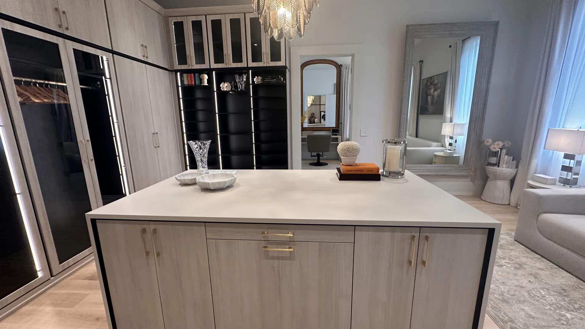 a kitchen with a marble counter