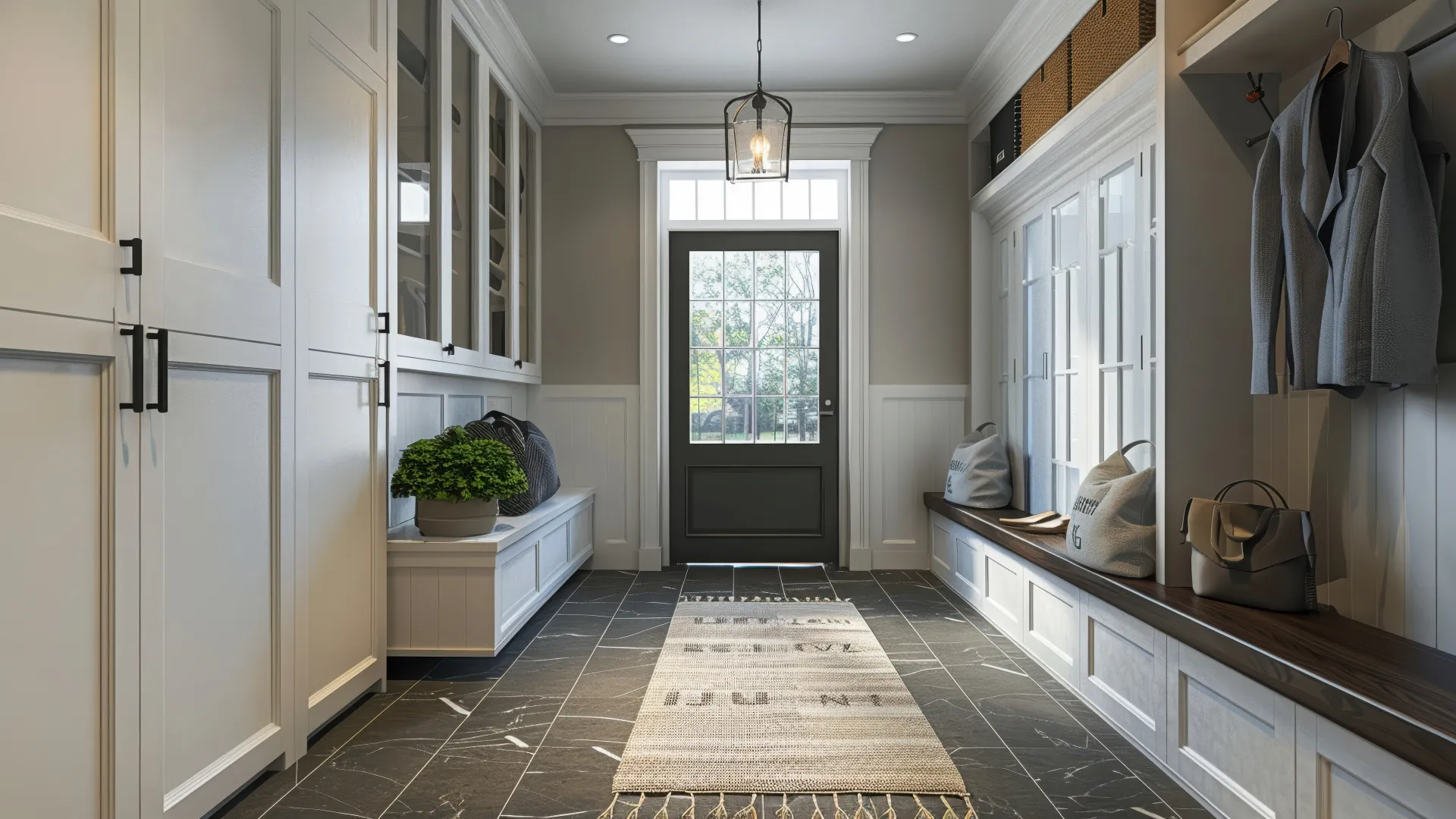 a kitchen with white cabinets