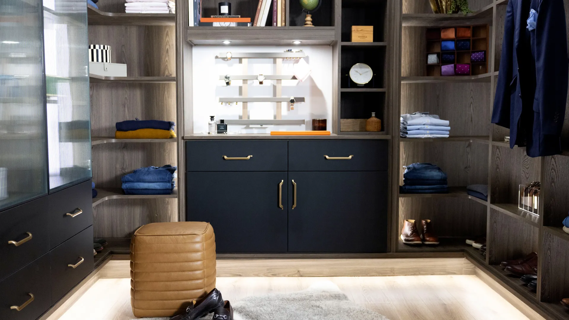 a closet with a blue cabinet and shelves