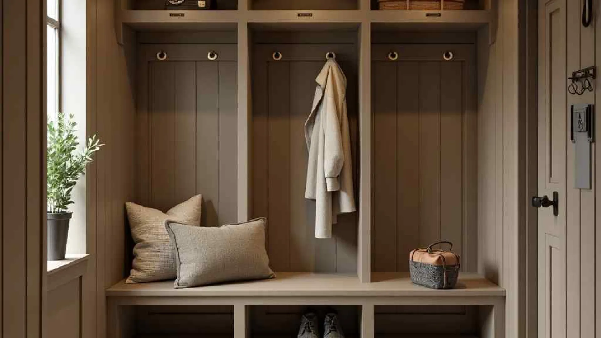 Cozy mudroom with wooden cubbies, bench seating, coat hooks, pillows, shoes, and natural light from the window