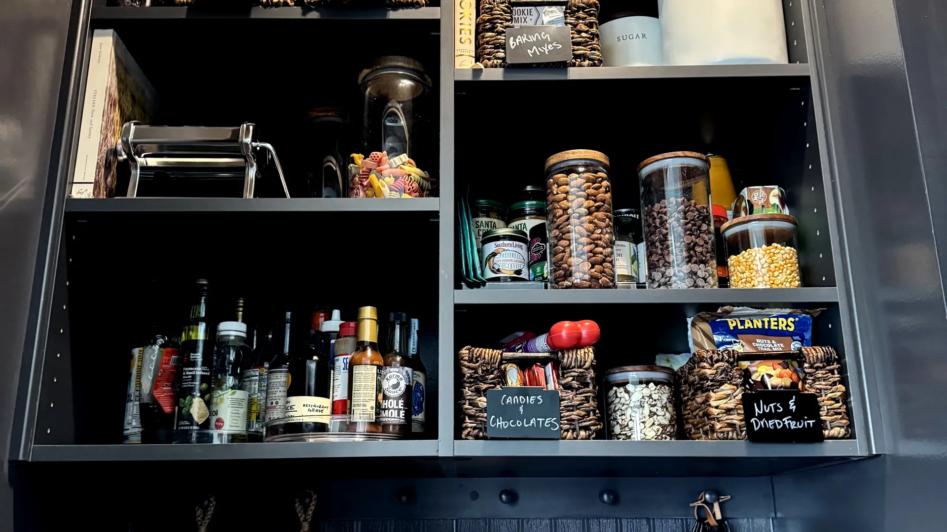 a shelf with various items on it